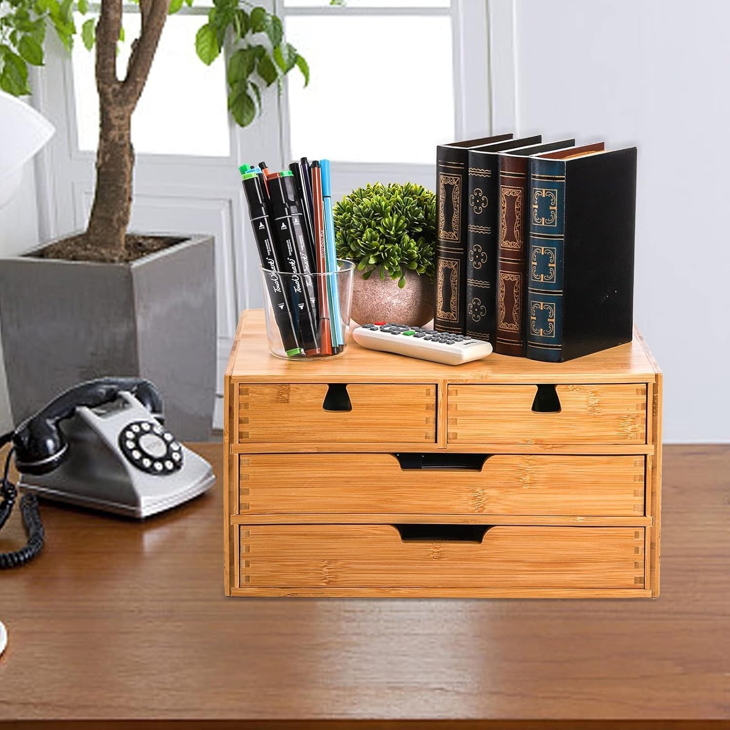 Natural Bamboo Desk Organizer 4-Drawer Desktop Storage Cabinet