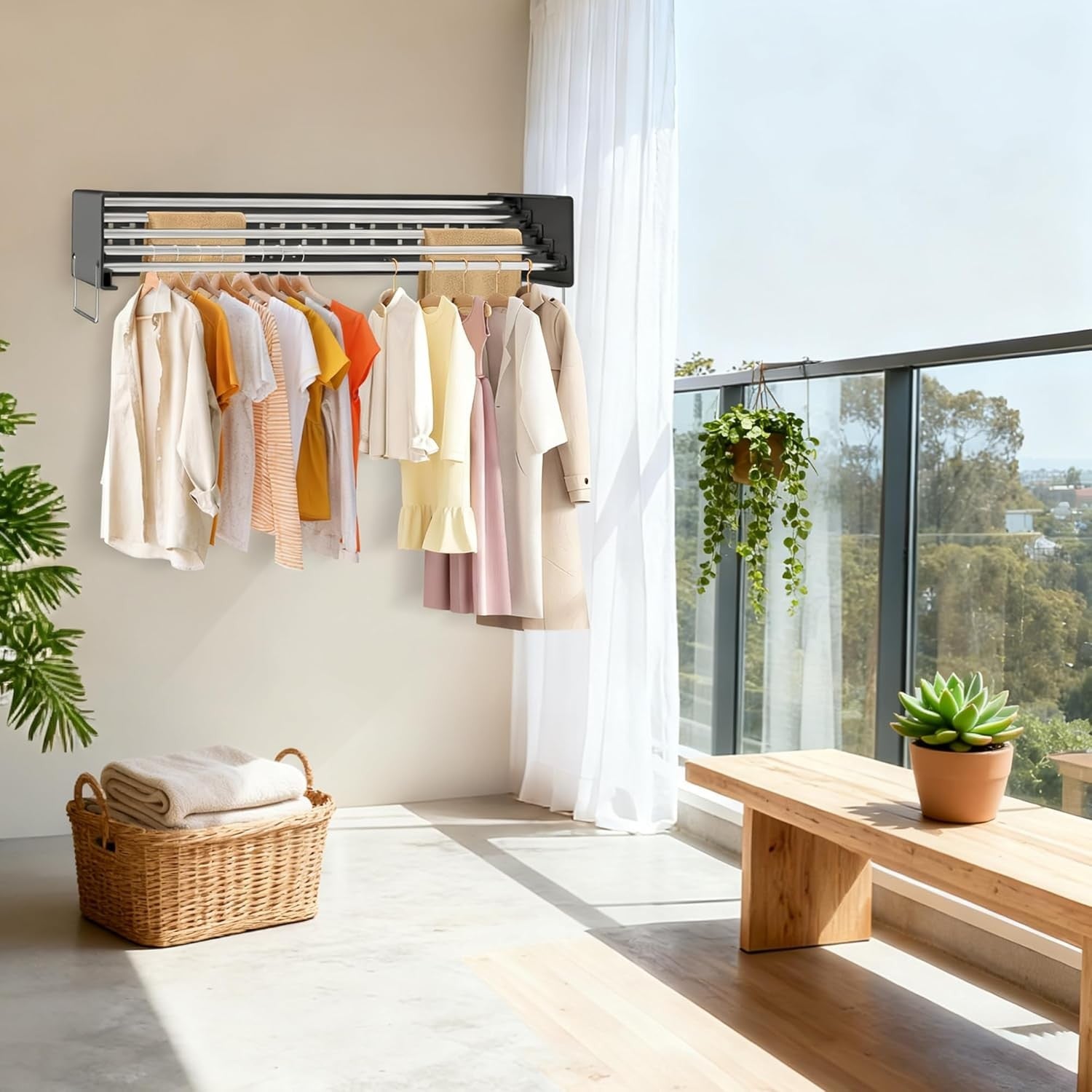 Wall Mounted Retractable Clothes Folding Drying Rack Space Saving