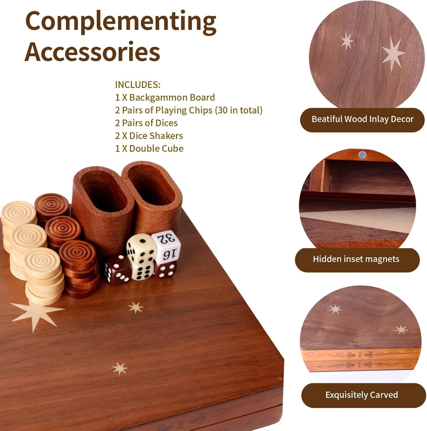 Wooden Inlaid Backgammon Set 15.7in Folding Board Travel Strategy Game