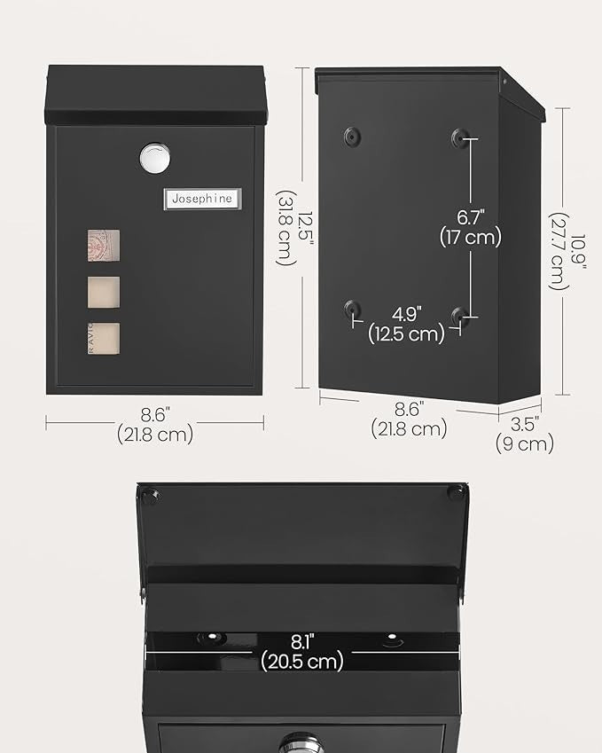 Wall Mounted Mailbox Lockable Post Box Black Steel Rust Resistant 9x21.8x31.8cm
