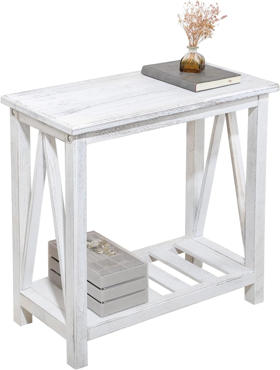 Slim Farmhouse End Table with Storage Shelf, Rustic White, Space-Saving