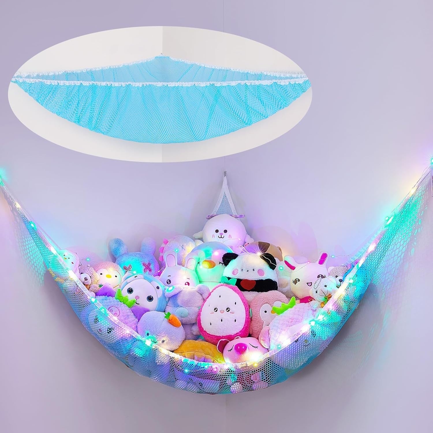 Stuffed Animal Toy Hammock with LED Light – Corner Net Storage Organizer