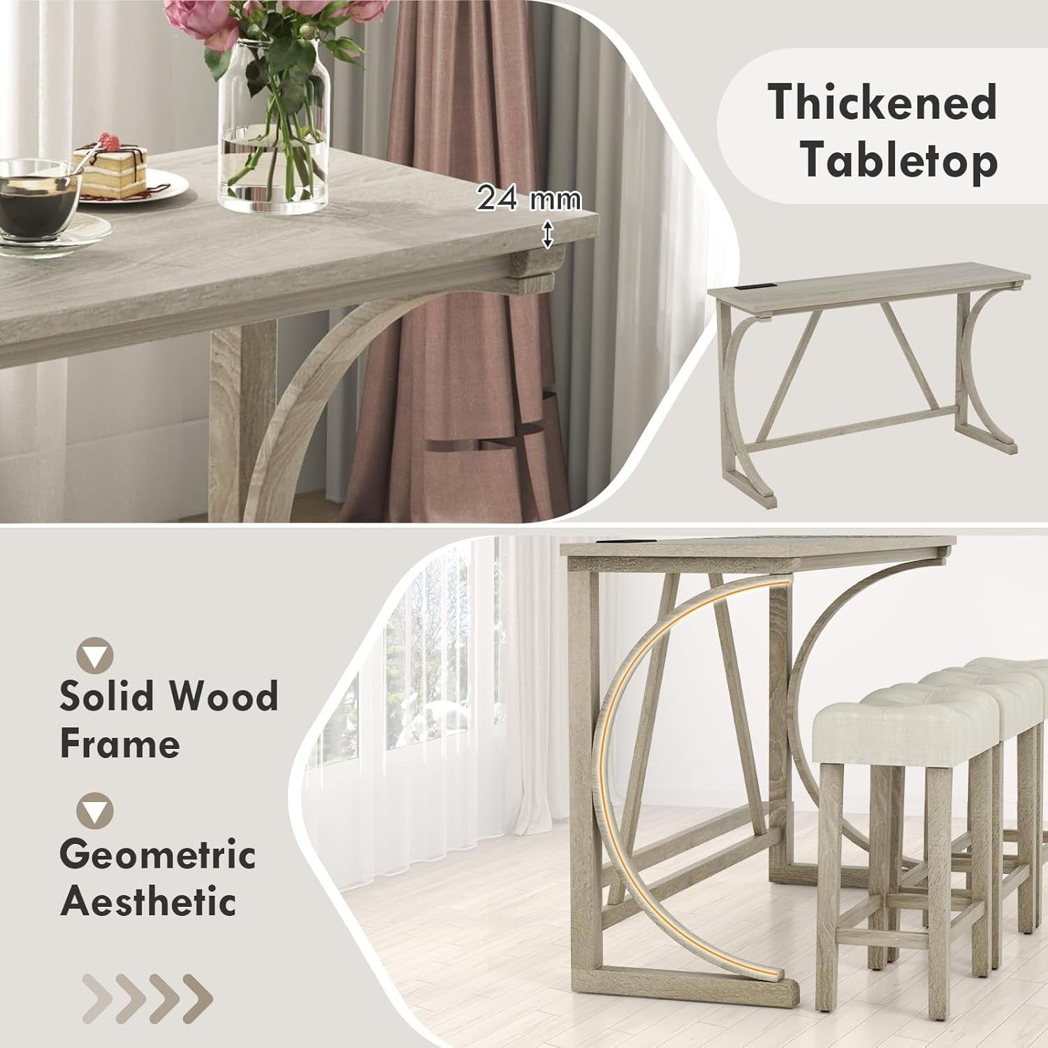 Counter Height Bar Table Set with Power Outlet, 4-Piece Dining Set with Stools