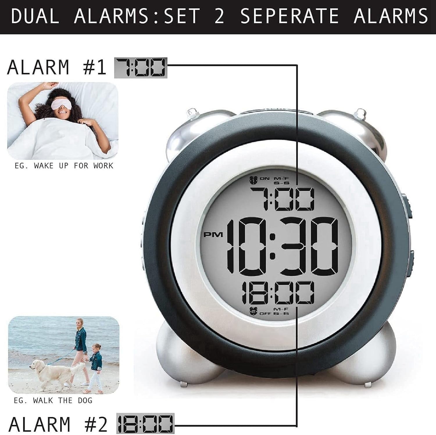 Loud Digital Alarm Clock Dual Alarm Blue Backlight Heavy Sleepers Large Display