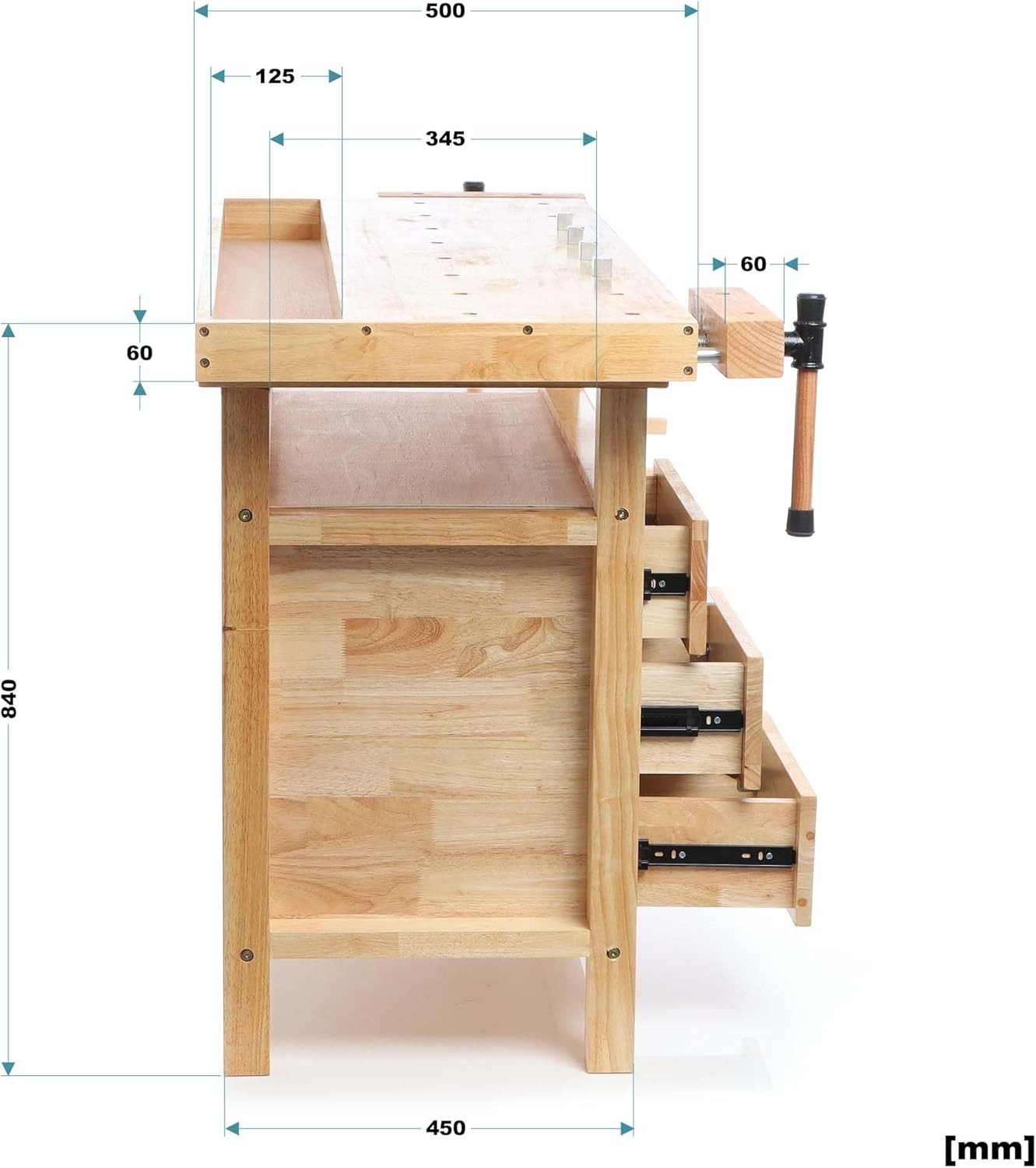 Wooden Planing Bench 126x50x84cm Workbench w/ Vices Hooks Drawers Storage