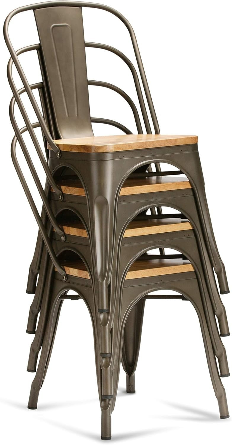 Set of 4 Industrial Stackable Dining Chairs Metal Frame Wood Seat