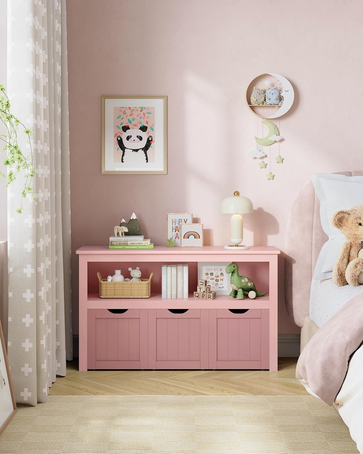 Kids Toy Storage Cabinet with Wheels Pink – 3 Drawer Bookcase Unit