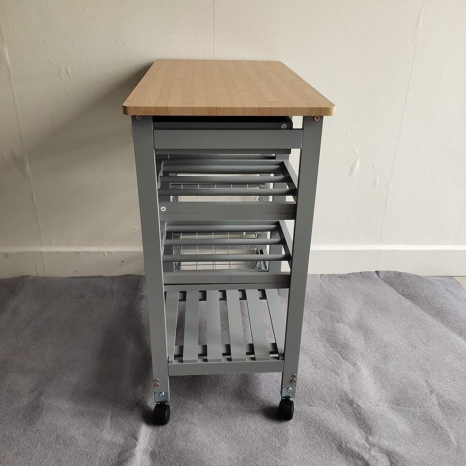 Rolling Kitchen Cart on Wheels w/ Drawer Open Shelves Grey
