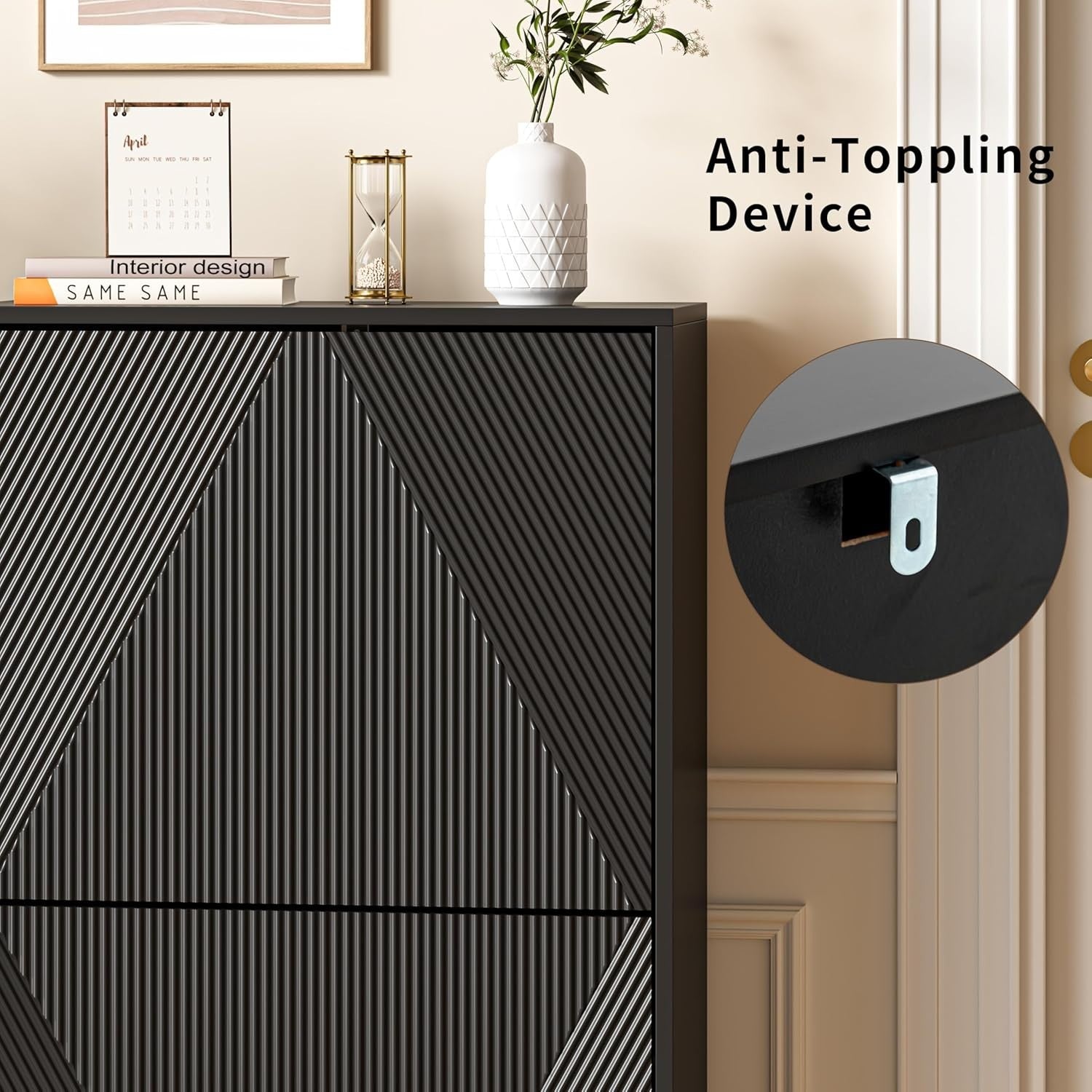 Slim Shoe Storage Cabinet Black | 2 Flip Drawers, Anti-Tip, 91cm Tall