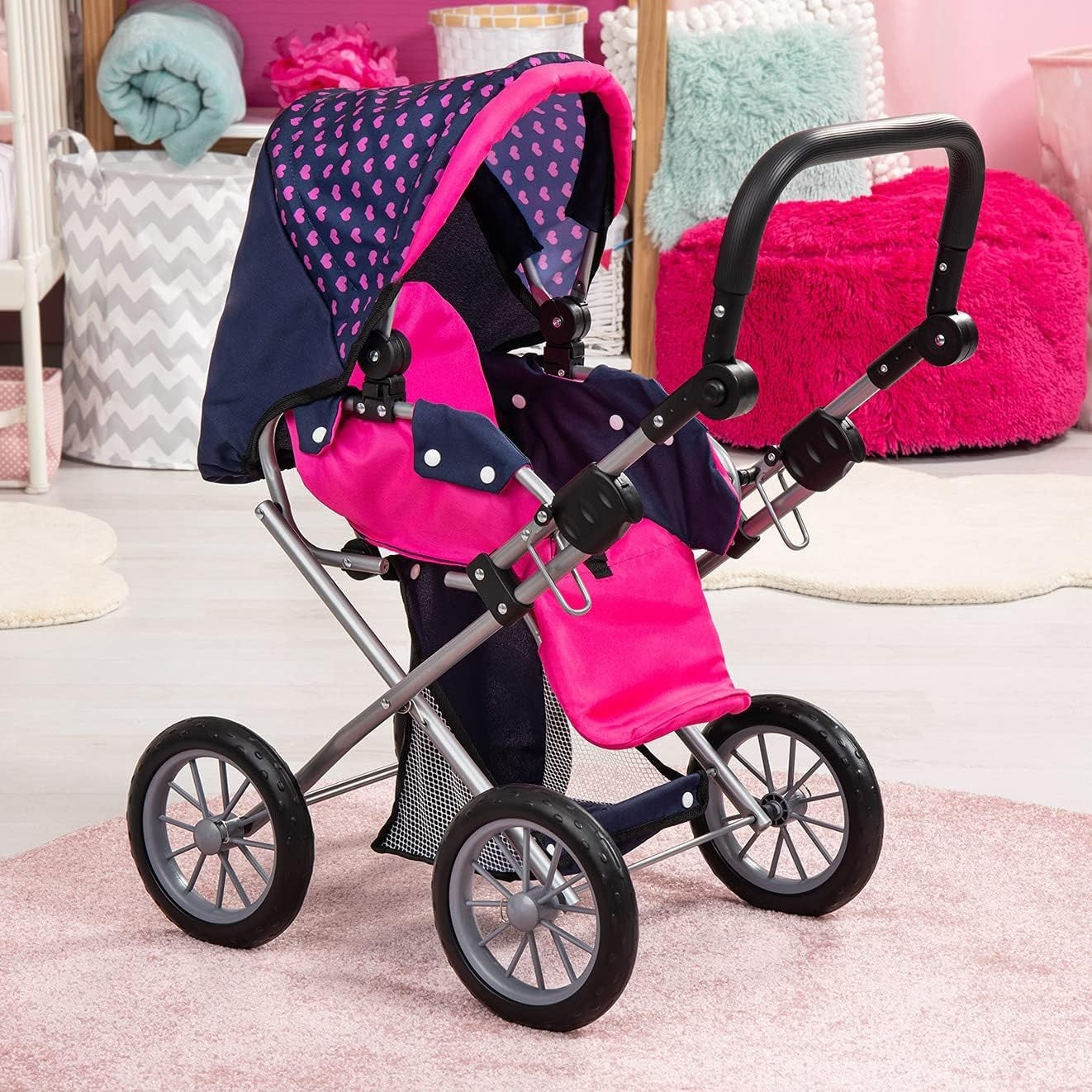 Unicorn Doll Pram Convertible Stroller Adjustable Handle Basket Bag
