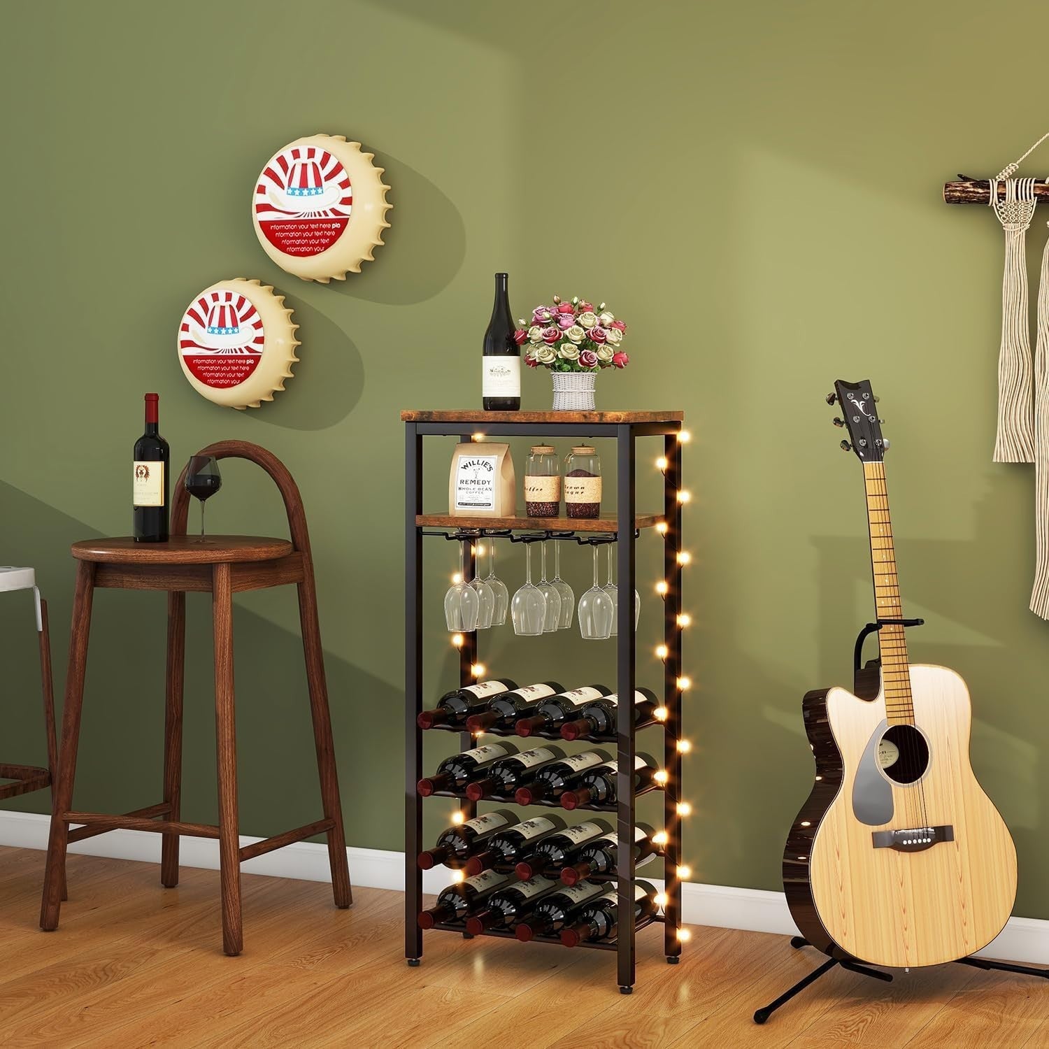 Wine Rack Freestanding with Glass Holder 16 Bottle Storage Shelf Rustic