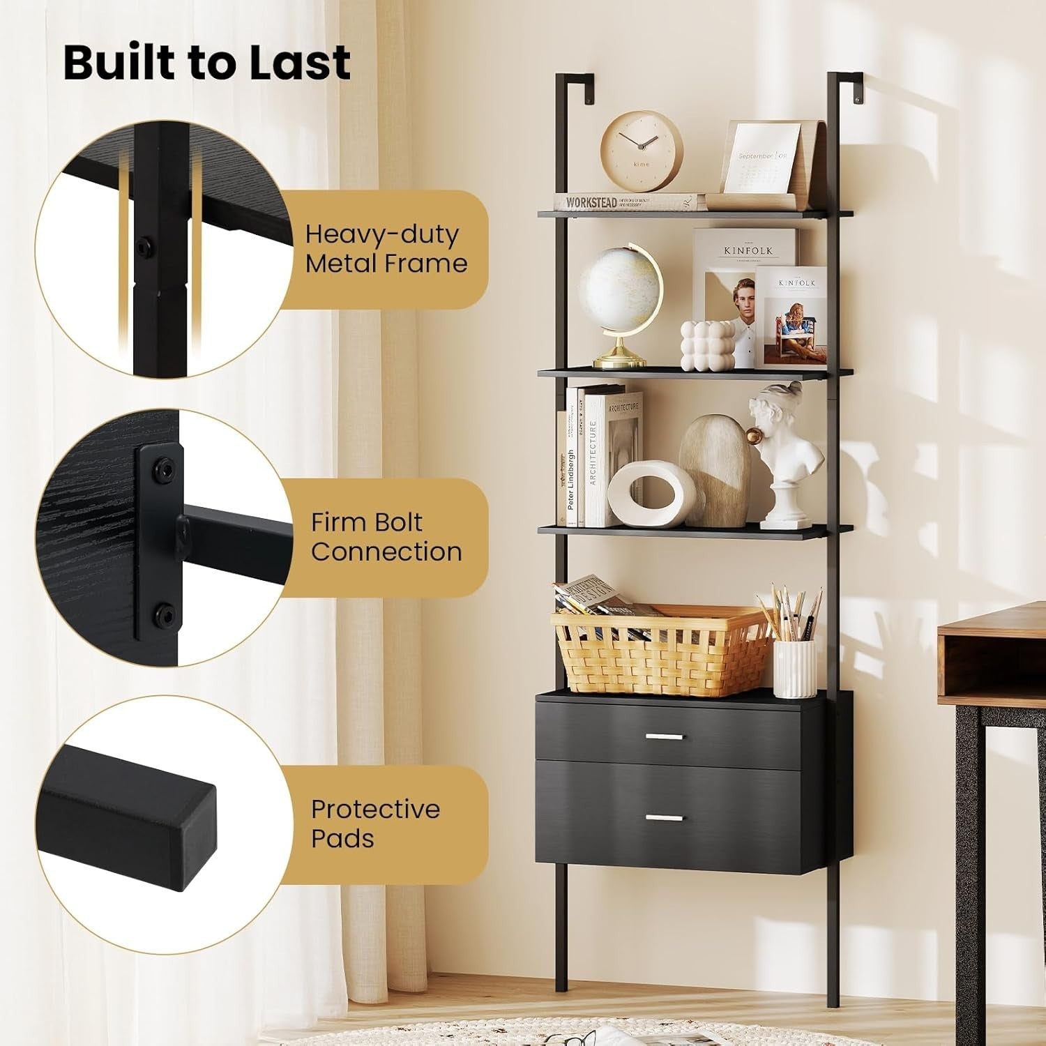 6 Tier Ladder Shelf Wall Mounted Bookcase with Drawers Metal Wood
