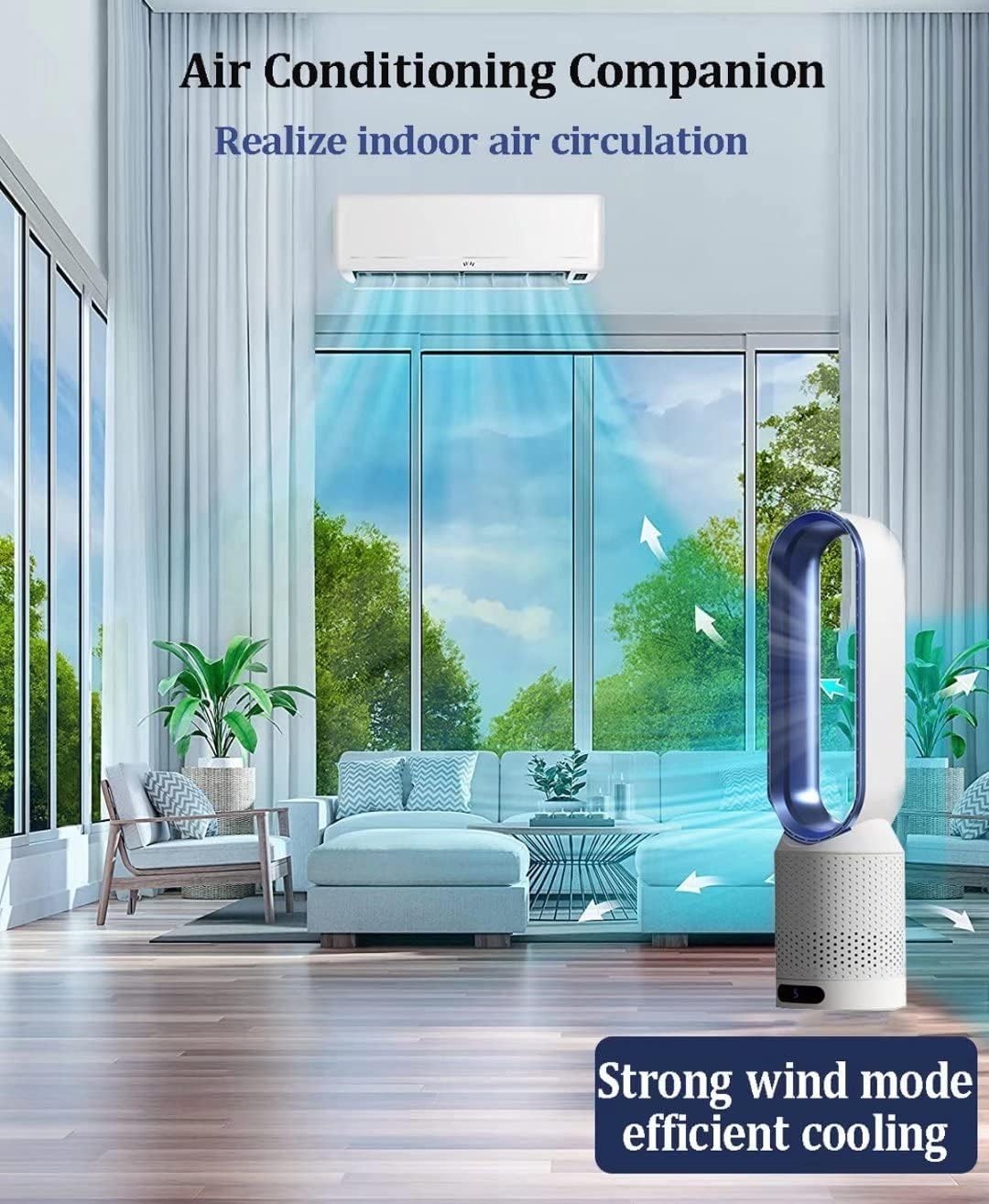 Bladeless Tower Fan 2-in-1 Air Purifier 8-Speed LED Touch Remote Control Blue