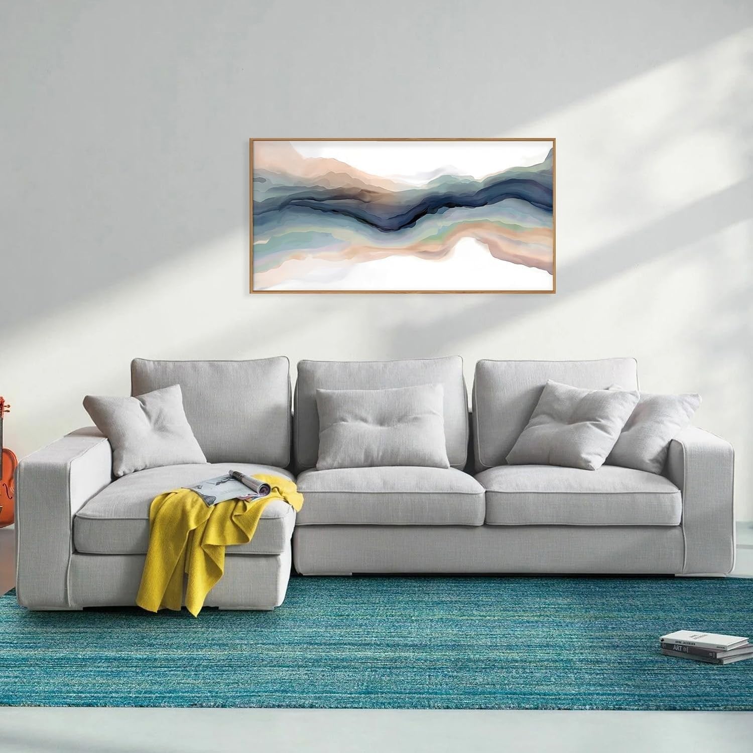 Blue Abstract Line Framed Canvas Wall Art Modern Watercolor Wave 20x40