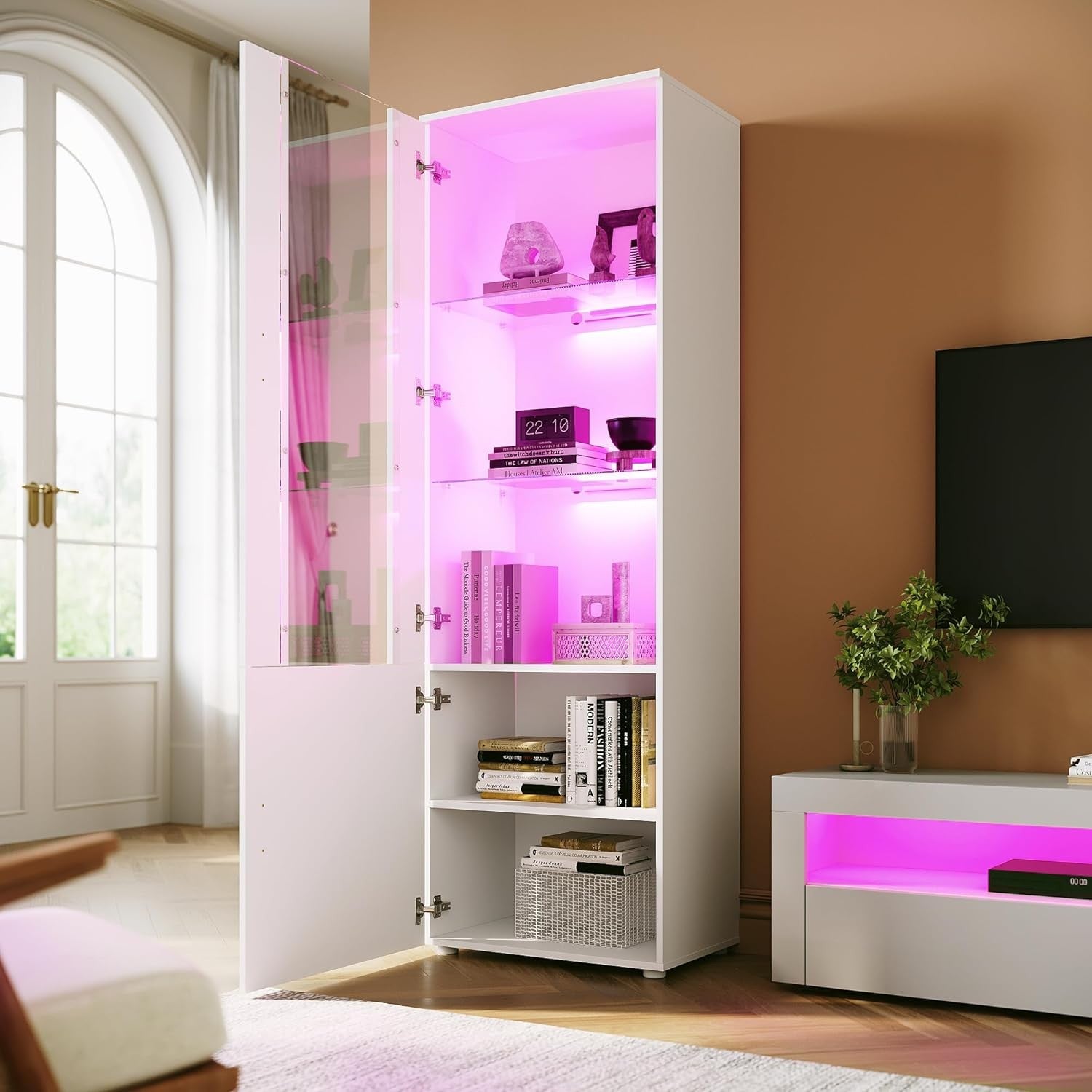 Tall LED Display Cabinet in White High Gloss with Glass Shelves 187cm