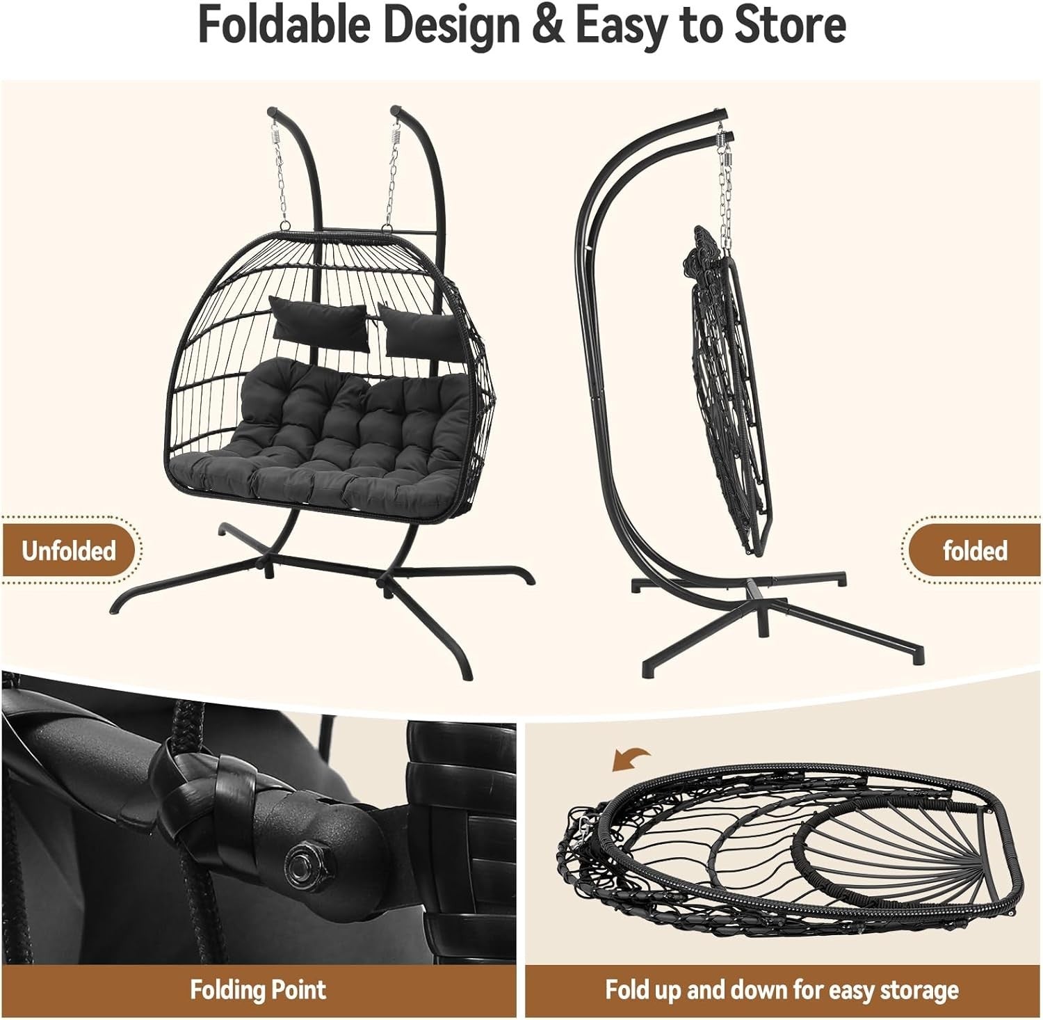 Double Hanging Egg Chair with Stand Cushioned PE Wicker Swing Seat