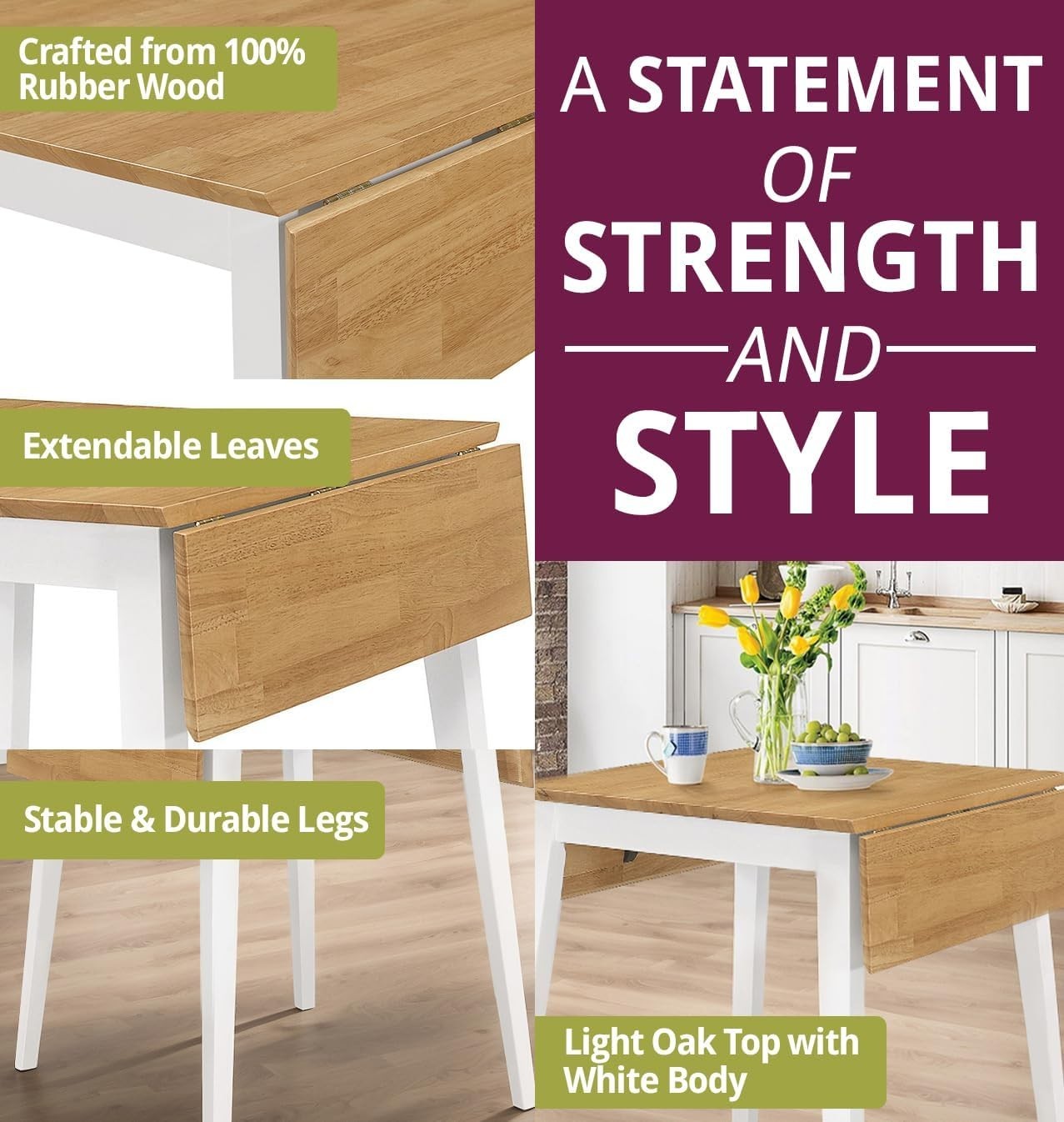 Drop Leaf Dining Table Set with 4 Chairs Oak White Foldable Space Saving