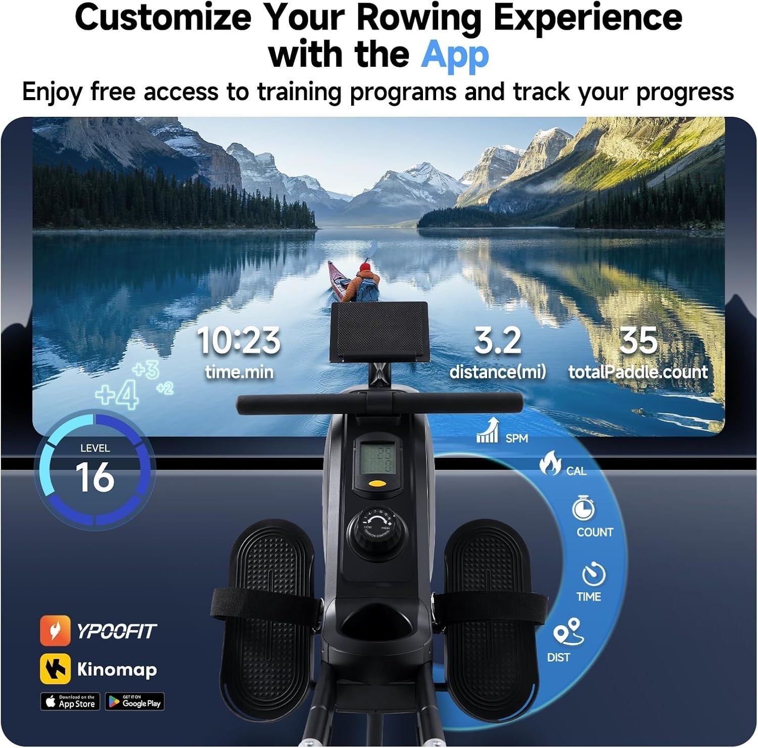 Magnetic Rowing Machine 16-Level Quiet Foldable Dual Rail 350LB App Home Rower