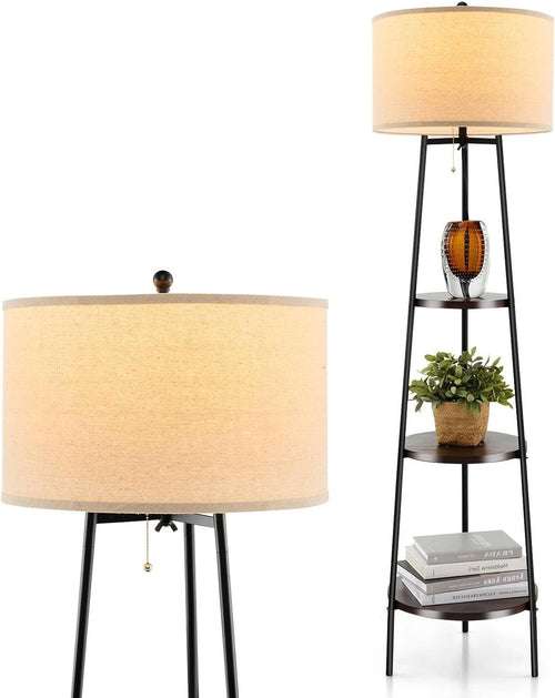 Tripod Floor Lamp with Shelves Storage Standing Lamp Fabric Shade E27