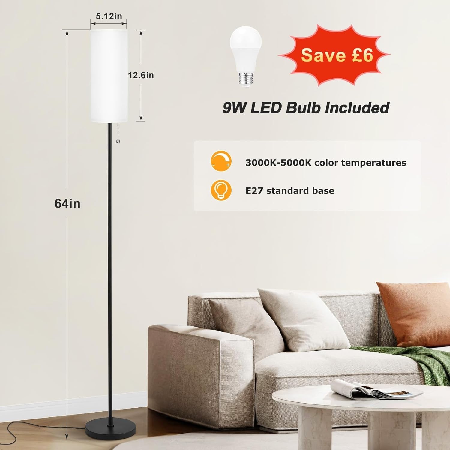 White Floor Lamp 64in Standing Lamp 3 Colour Bulb Bedroom Living Room