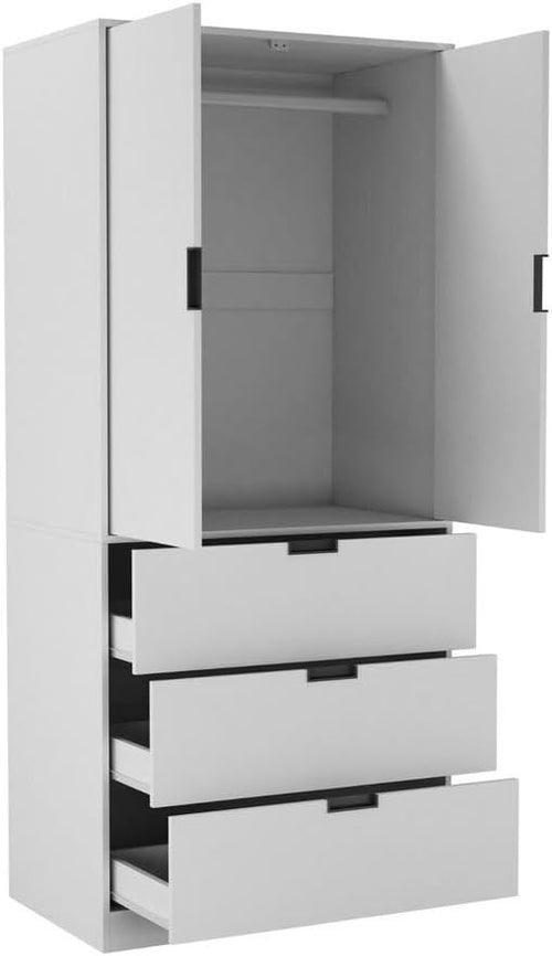 White 2 Door Wardrobe with 3 Drawers & Hanging Rail - Bedroom Storage Unit