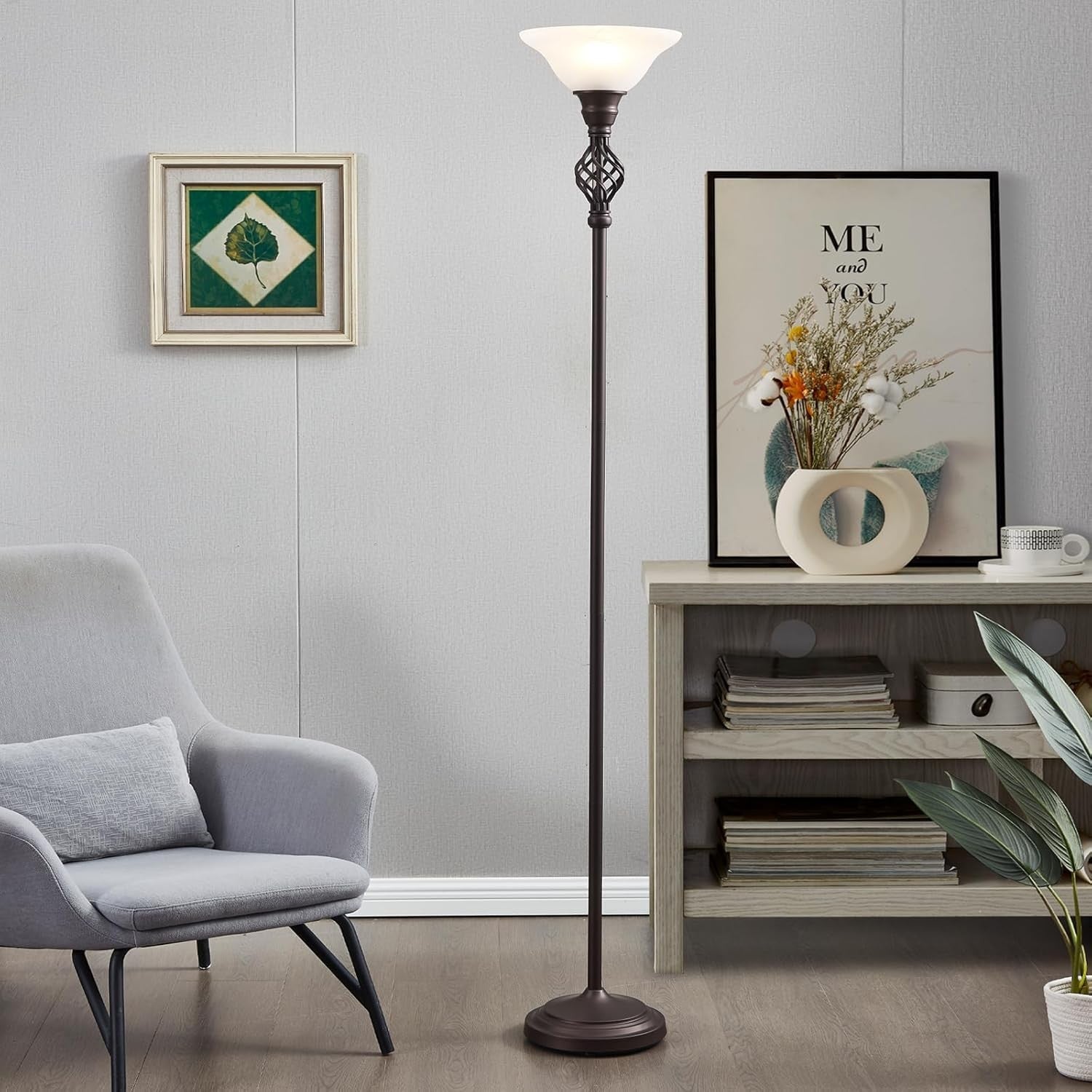 Torchiere Floor Lamp LED Reading Light Glass Shade Living Room Bedroom