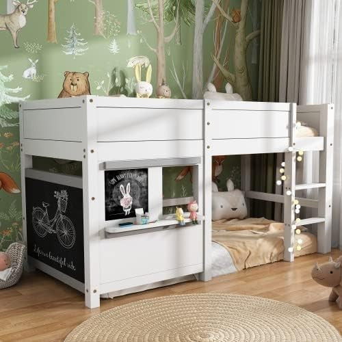 Kids Bunk Bed with Safety Fence, Staircase & Chalkboard – Solid Pine 3FT