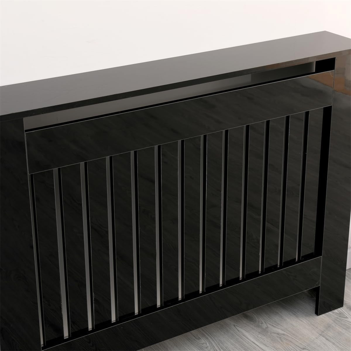 High Gloss Black Radiator Cover Medium Modern Slatted Cabinet 111cm Heating Unit
