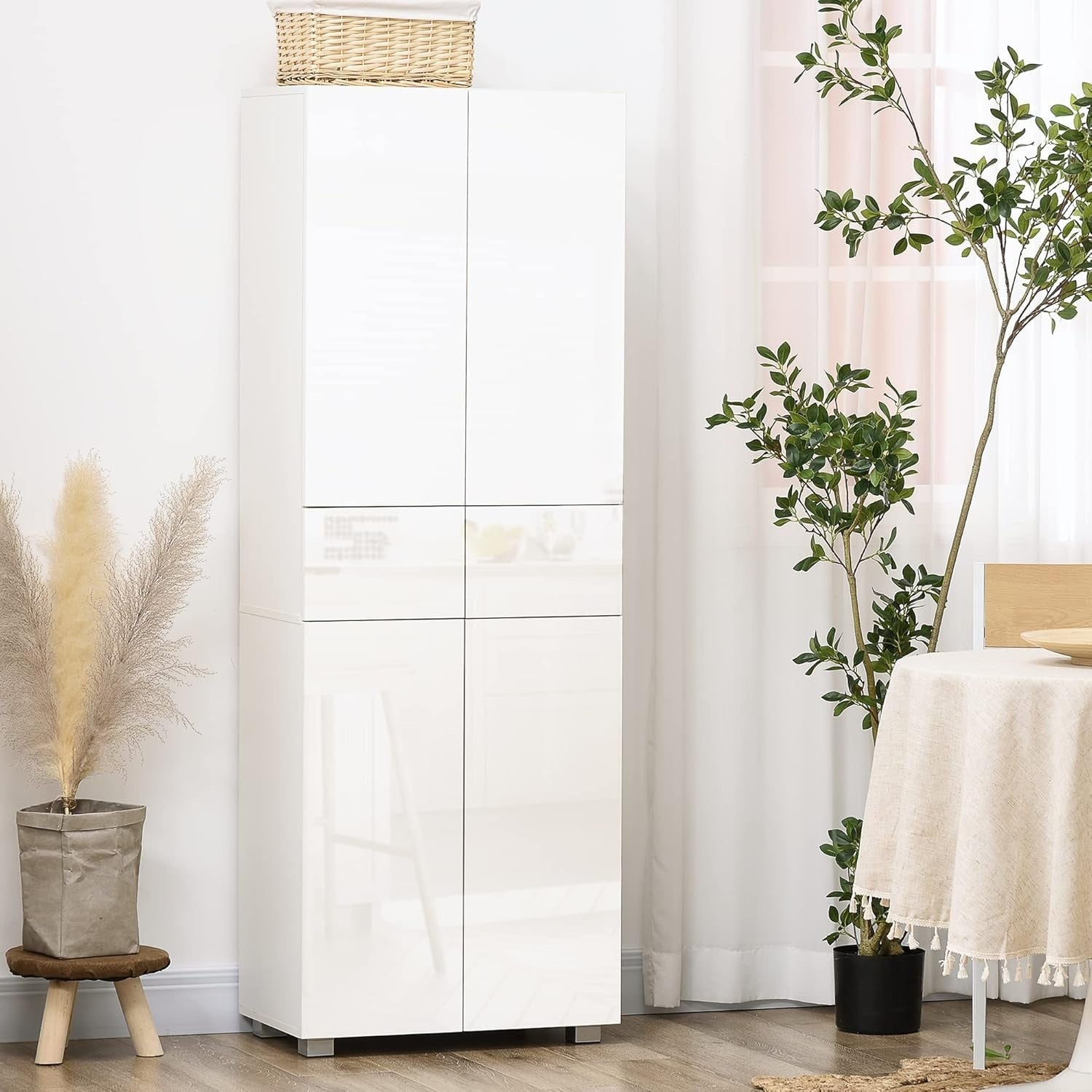 White Tall Kitchen Cupboard 170cm 4-Door Storage Cabinet Drawers Shelves