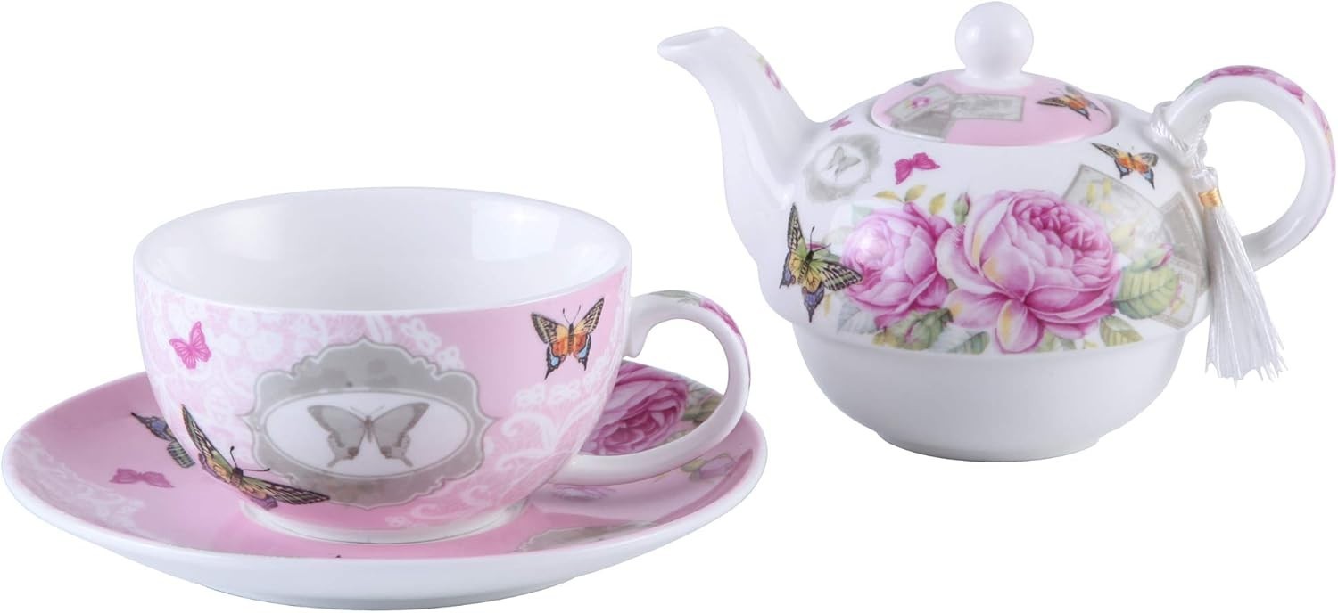 Tea for One Teapot Cup Saucer Set Vintage Rose Floral Gift Box Pink