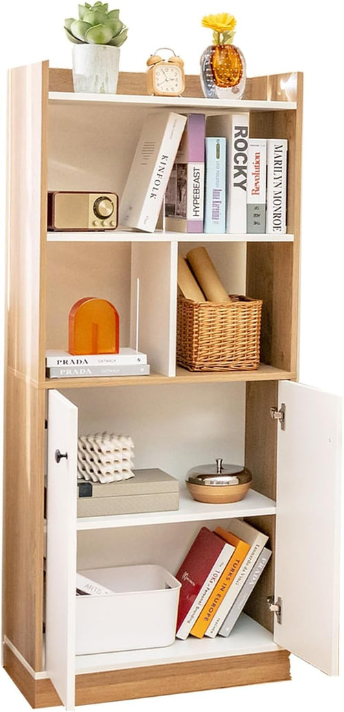 Wooden 4-Tier Bookcase with Cabinet, Freestanding Storage Shelf Unit 140cm Tall
