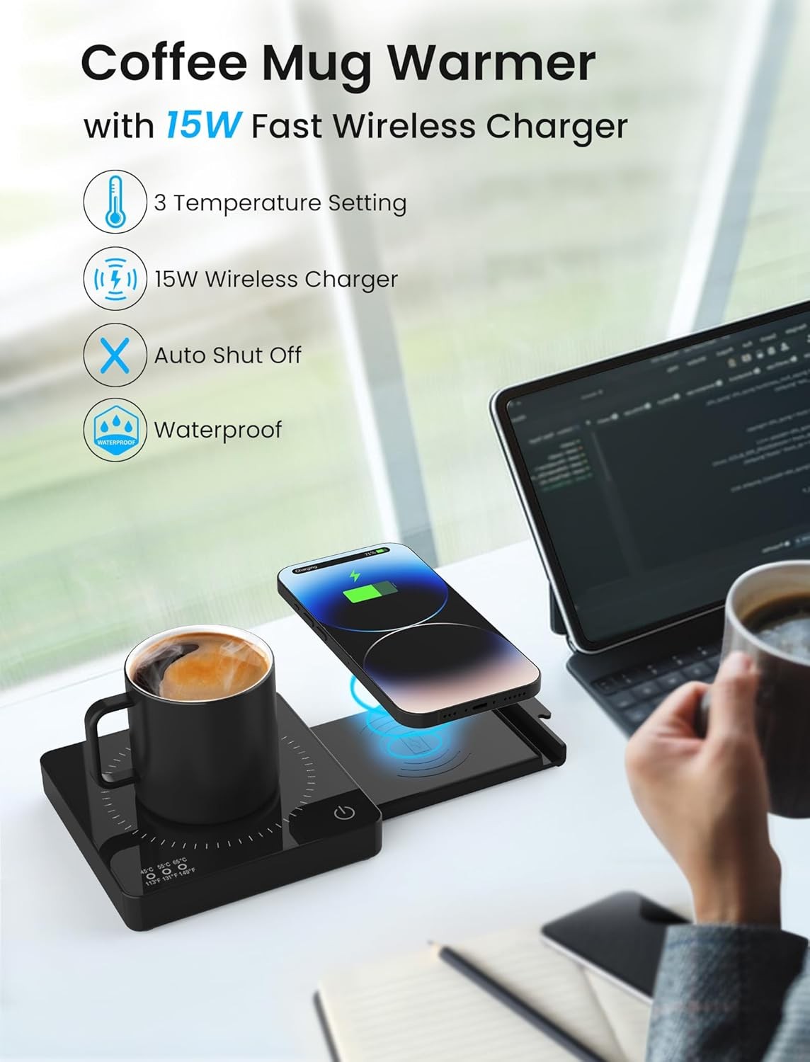 Black Coffee Mug Warmer 15W Wireless Charger 3 Temp 8H Auto Off