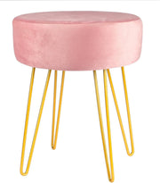 Pink Velvet Round Footstool with Gold Legs – Soft Pouffe for Bedroom & Vanity