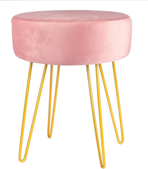 Pink Velvet Round Footstool with Gold Legs – Soft Pouffe for Bedroom & Vanity
