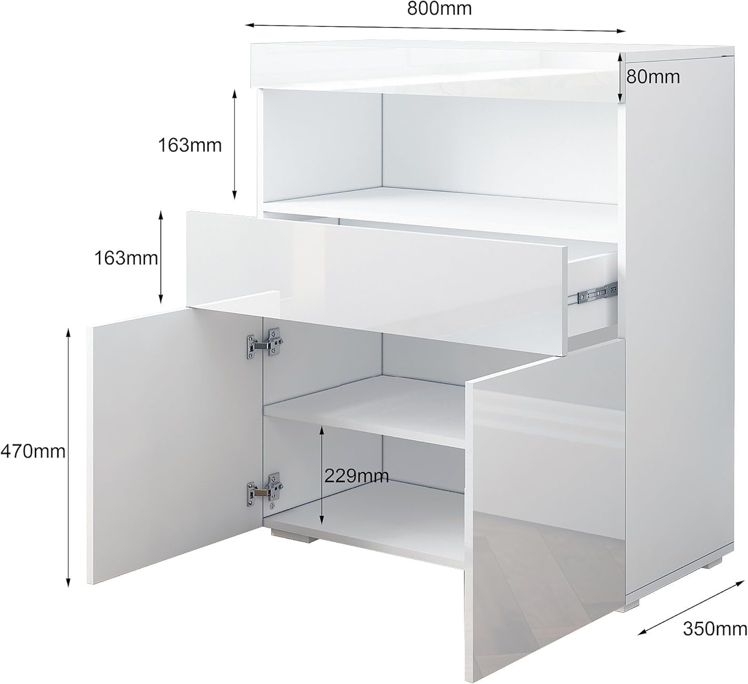 White High Gloss Sideboard Cabinet with LED Lights, Storage & Lockable Doors