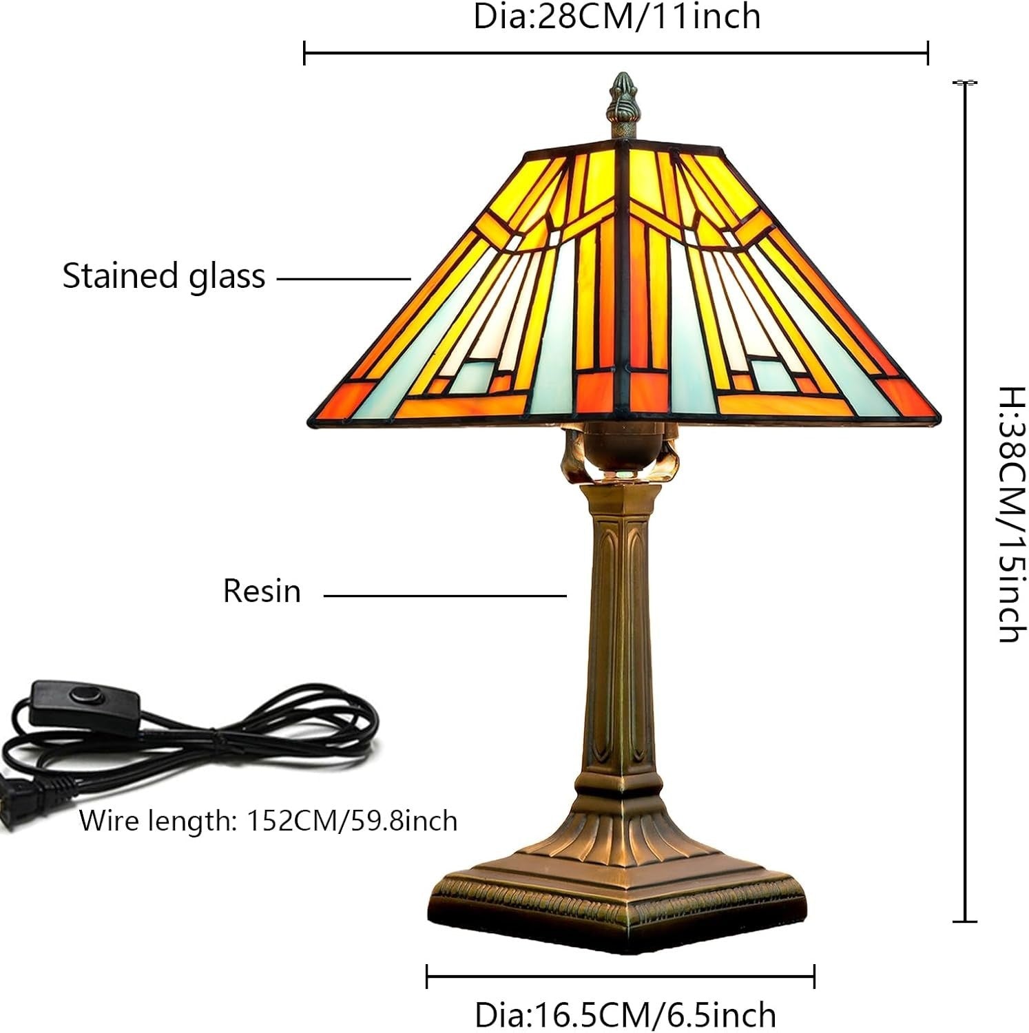 Amber Stained Glass Table Lamp Tiffany Style Bedside Light for Reading
