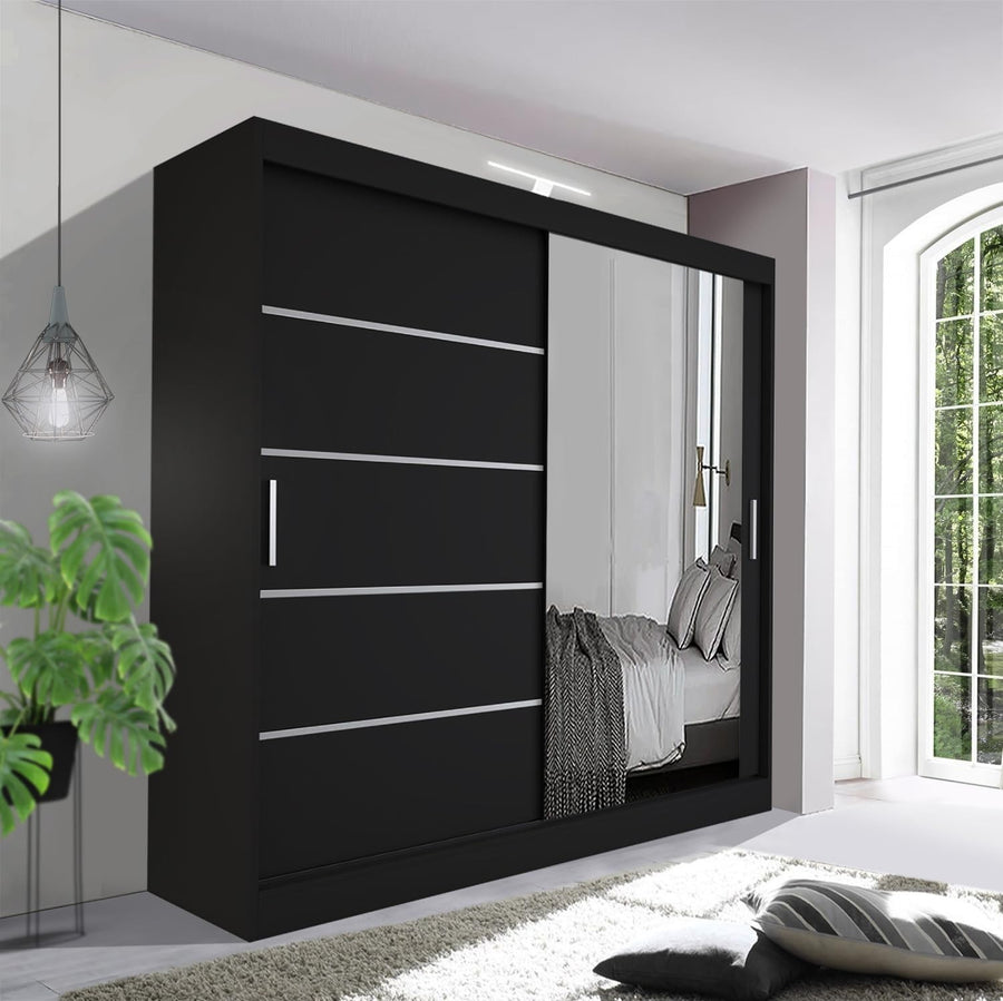 120cm Black Sliding Wardrobe LED Light Mirror Modern Bedroom Storage Unit