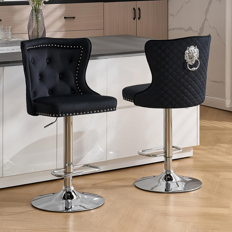 2 Black Velvet Lion Knocker Bar Stools Adjustable 360° Swivel Kitchen Chairs