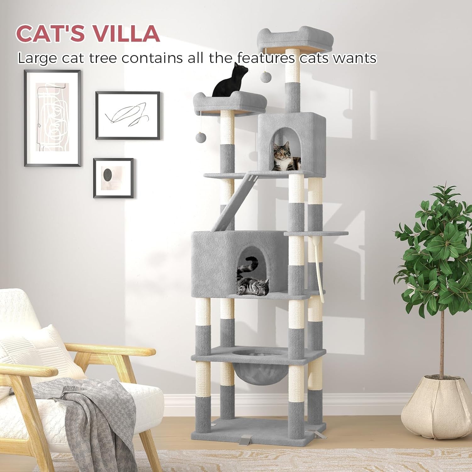 208cm Tall Cat Tree Tower Light Grey Anti-Tip Multi-Level Condo Scratcher