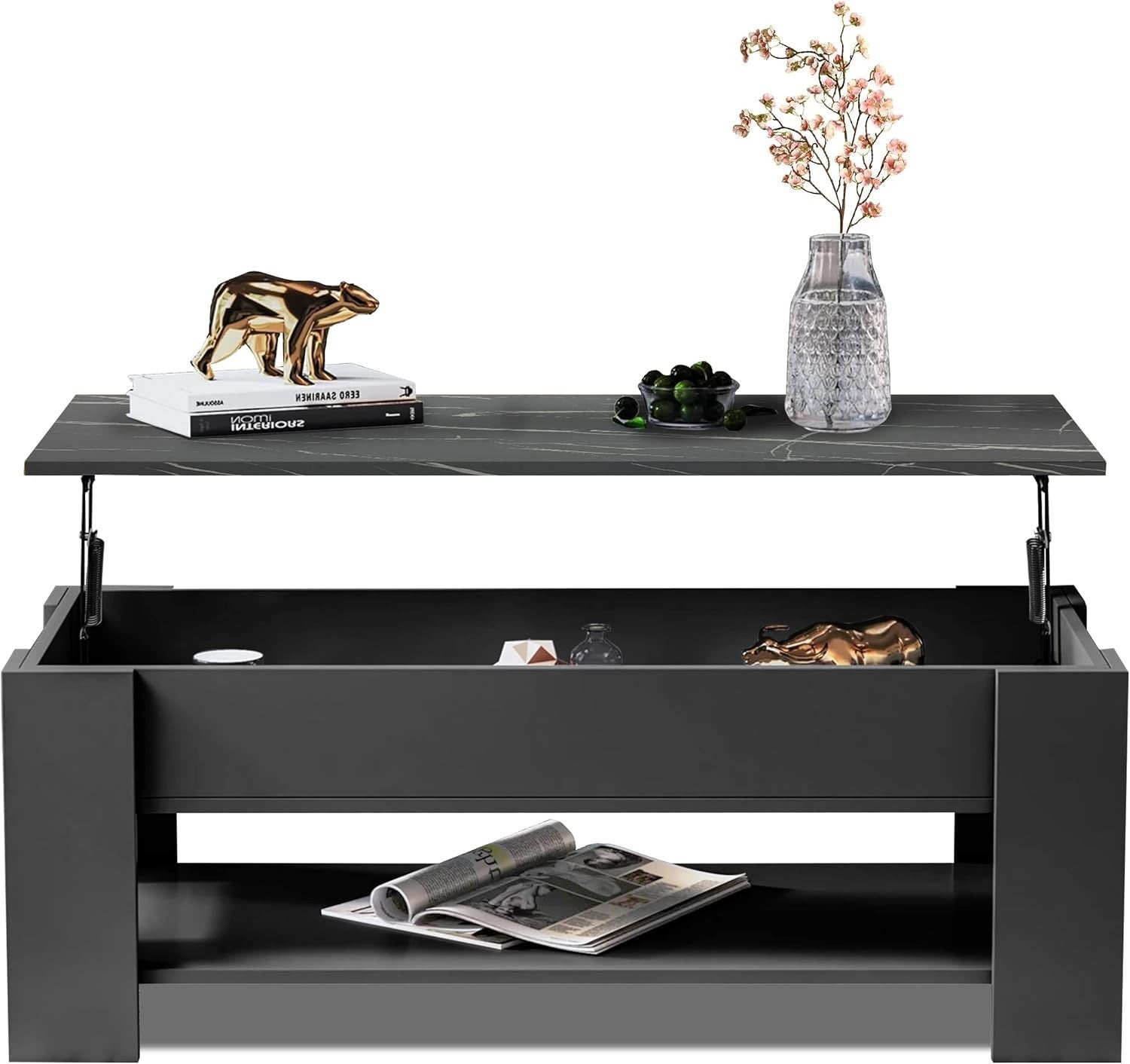 Lift Top Coffee Table with Hidden Storage & Shelf Grey Marble 120x60cm