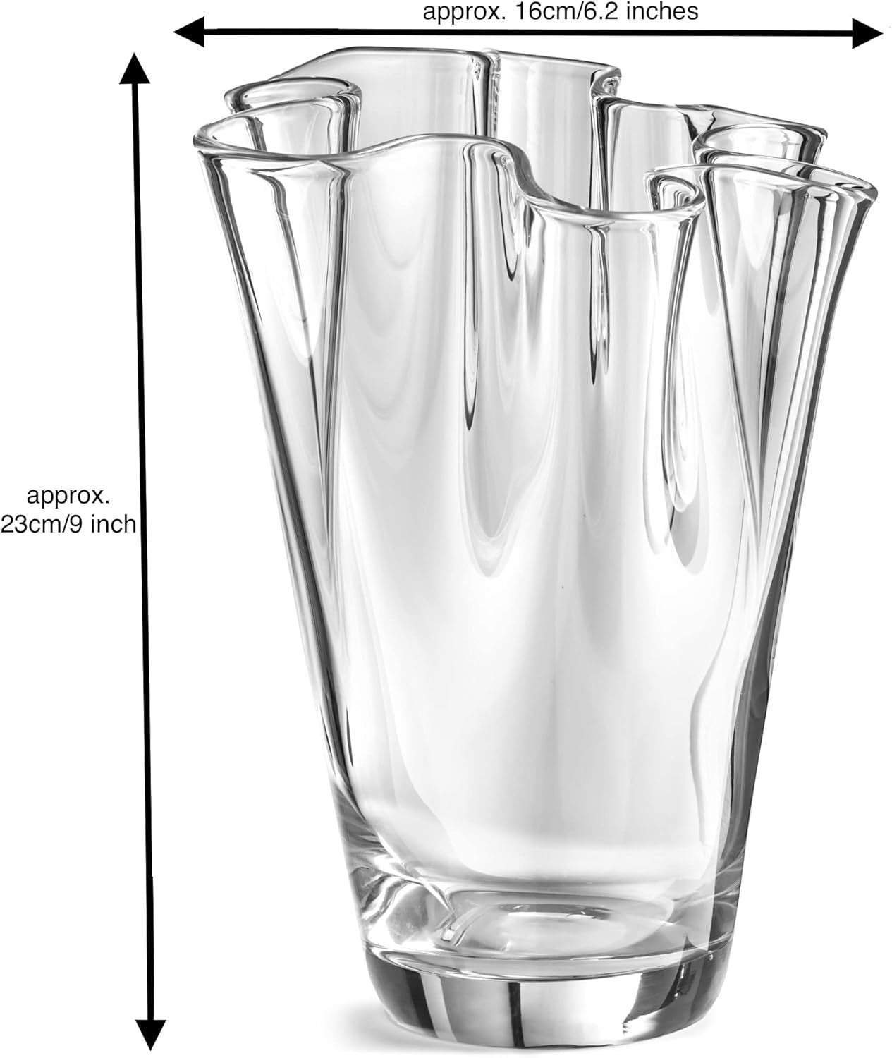 Glass Flower Vase 23cm Wavy Top Mouth Blown Heavy Crystal Centrepiece