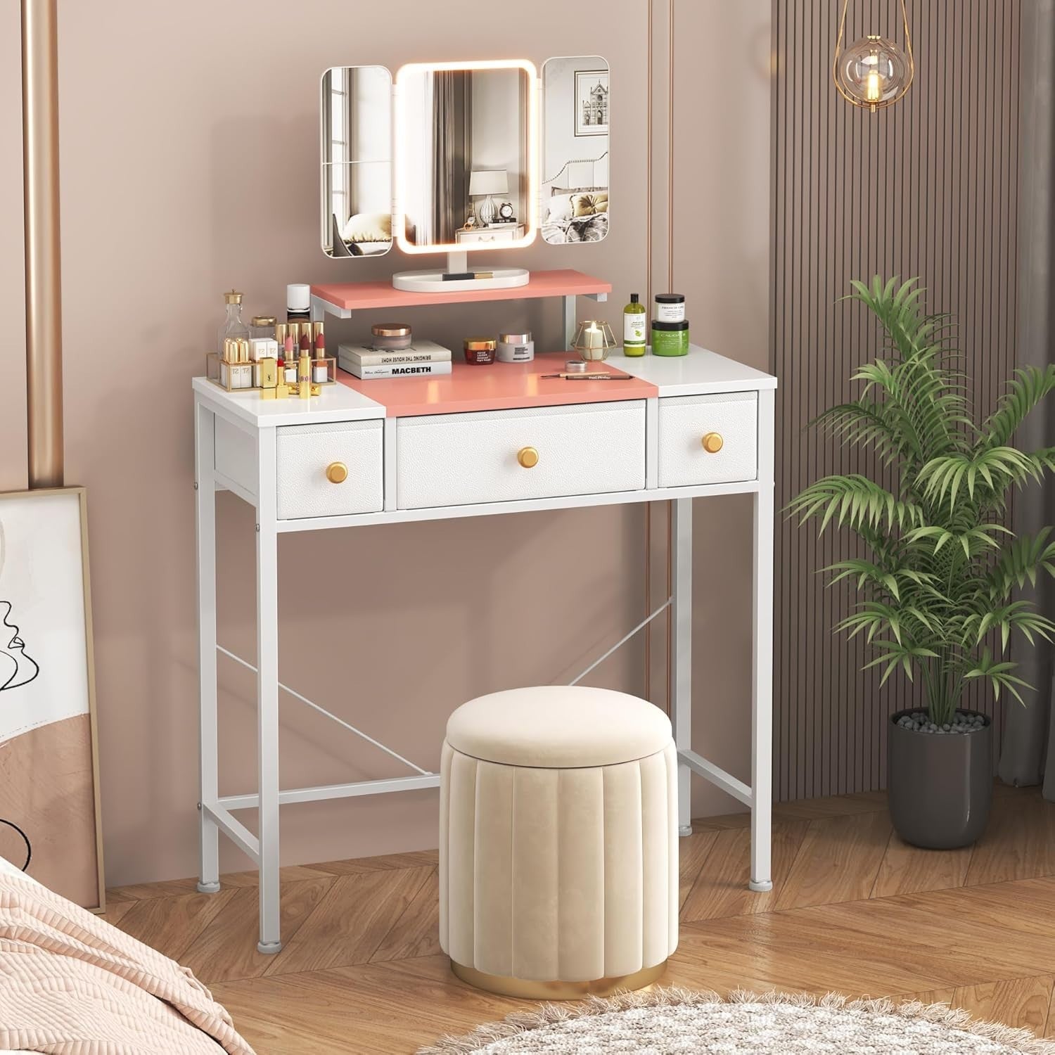Vanity Dressing Table Desk 3-Fold Mirror LED Light 3 Drawers Pink White Wood