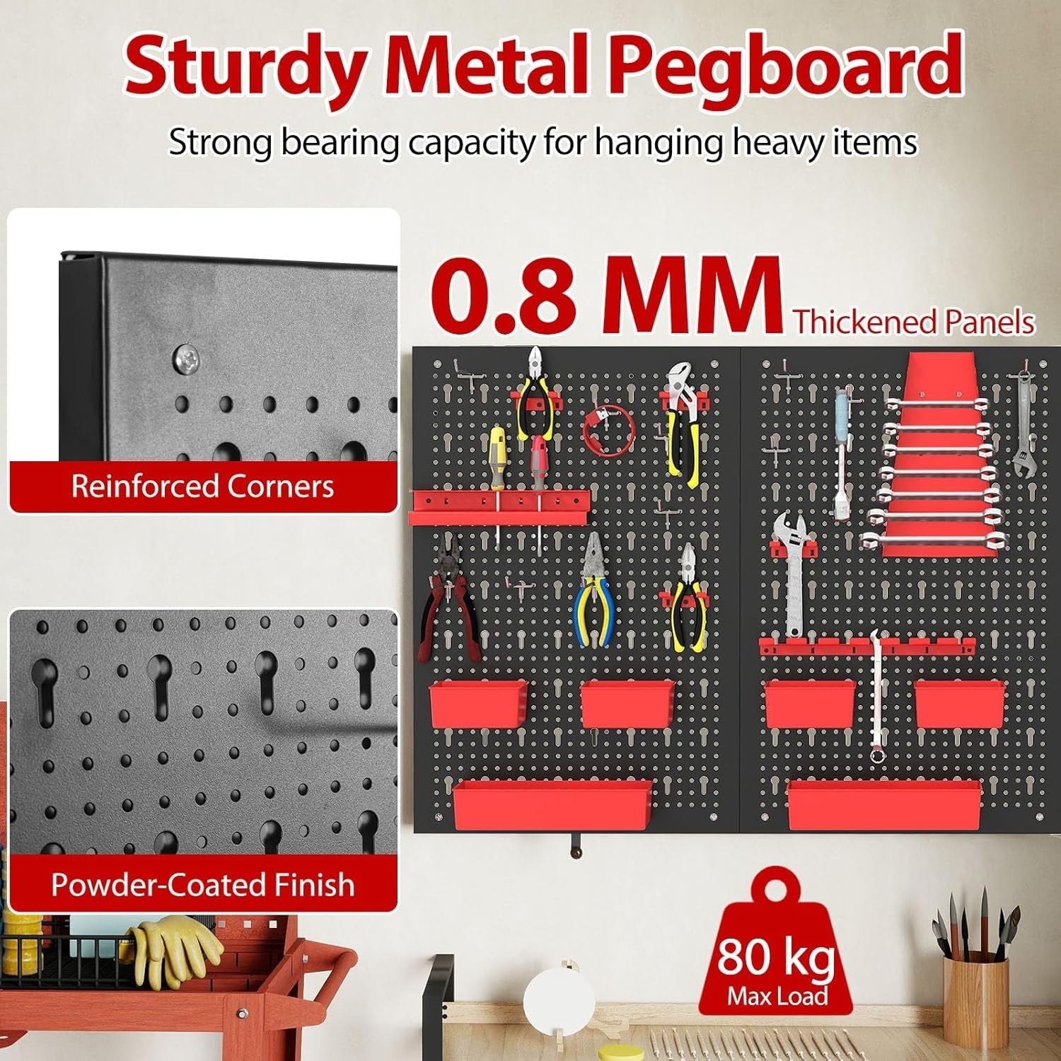 Black+Red Pegboard Tool Organizer 3 Boards 34 Accessories Wall Rack