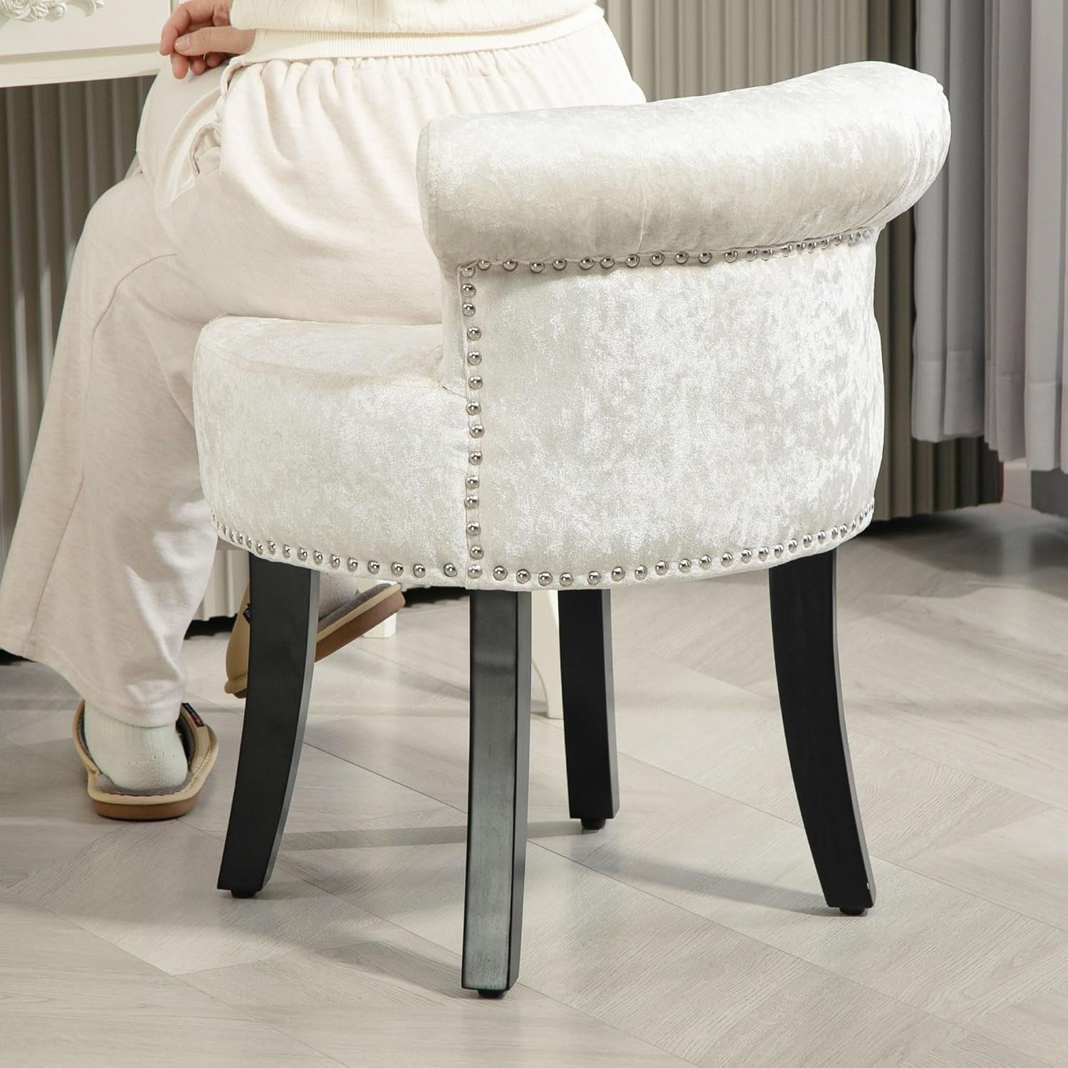 Beige Ice Velvet Dressing Table Stool Rubber Wood Legs Padded Vanity Seat