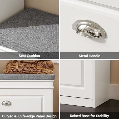 White Shoe Storage Bench with Cushion & Flip Drawer – Narrow Hallway Unit