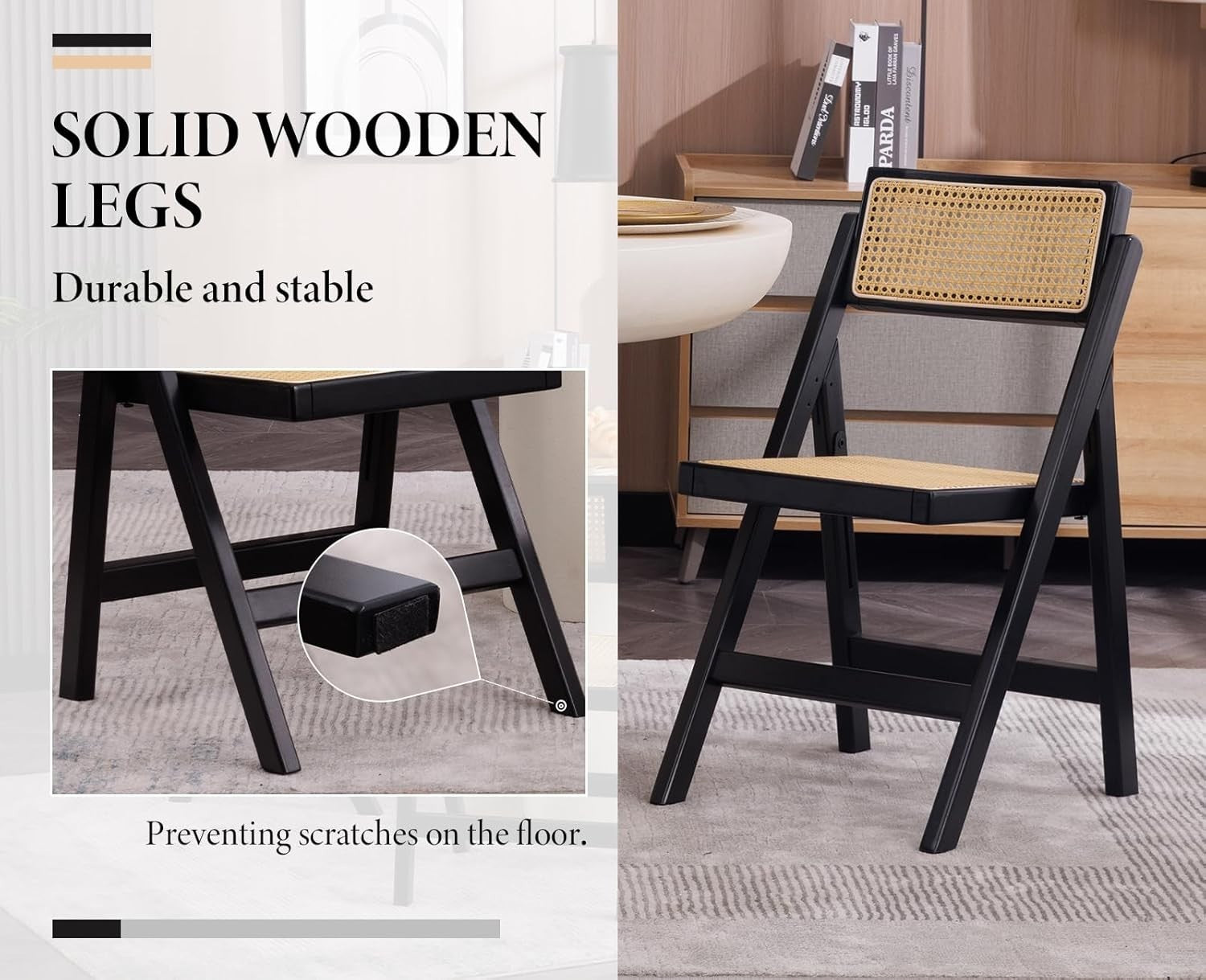Foldable Rattan Dining Chairs Set of 2 Mid Century Space Saving Kitchen Seats