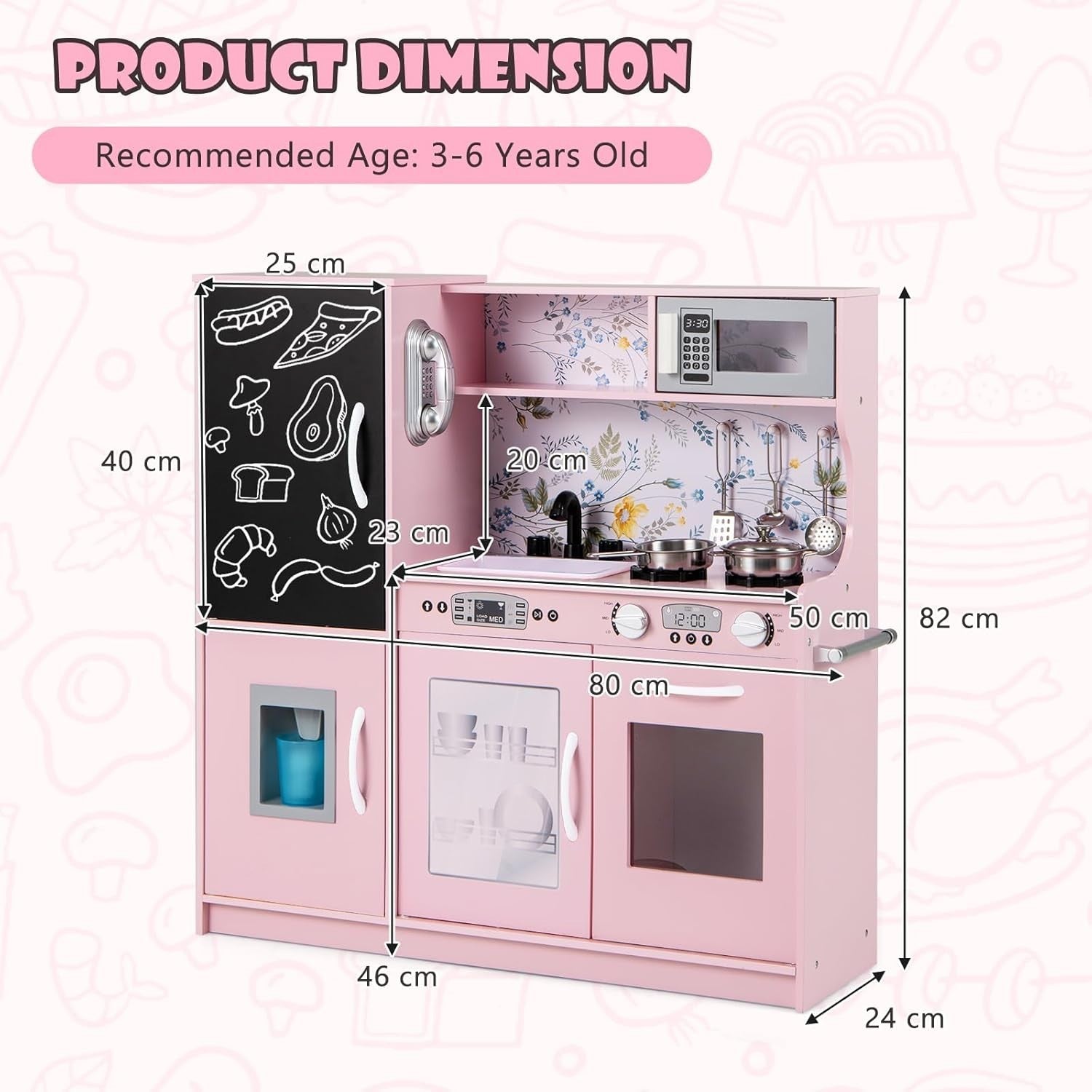 Kids Wooden Play Kitchen Blackboard Microwave Ice Maker Pink Toy