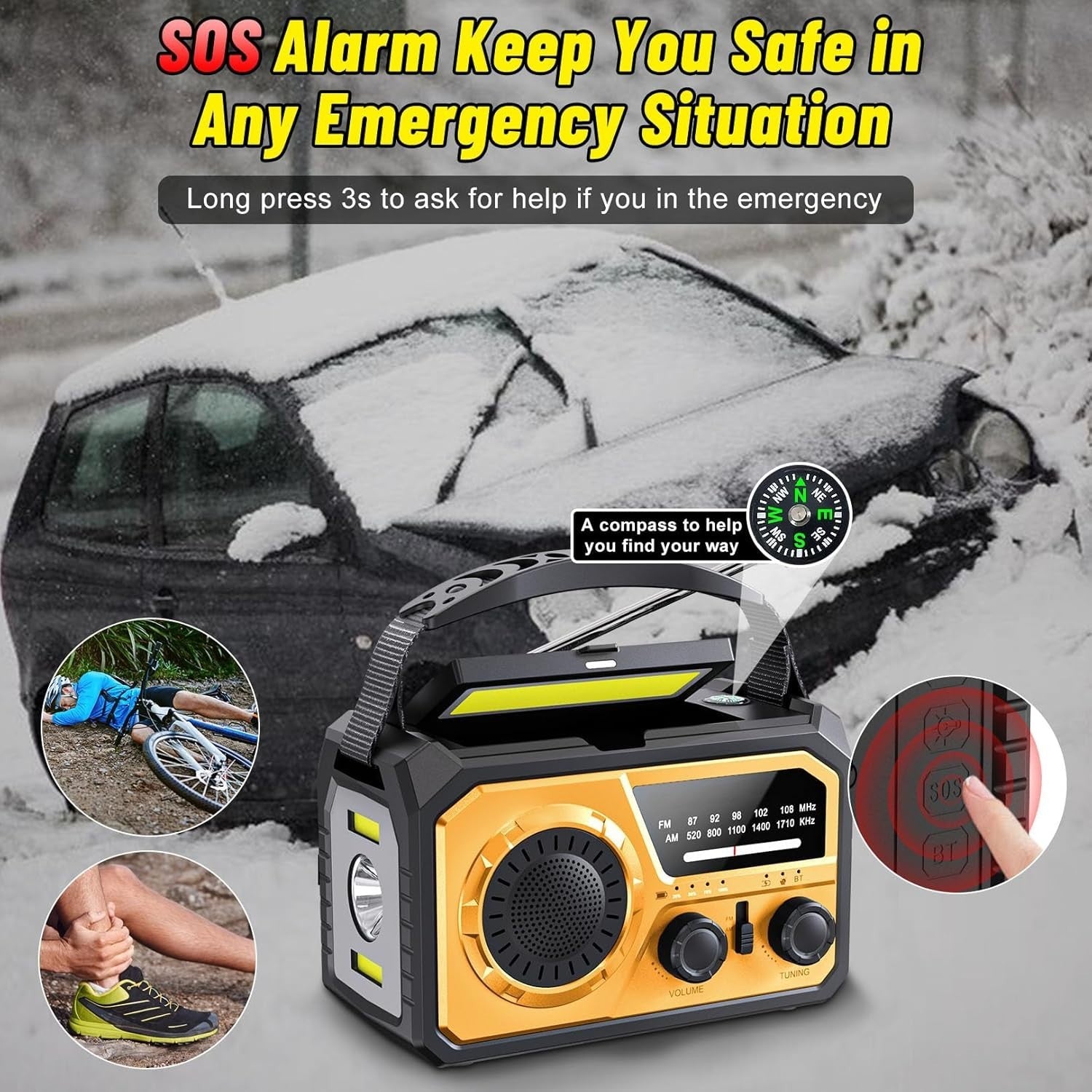 Emergency Wind Up Solar Radio 27000mAh Power Bank AM/FM Torch Orange