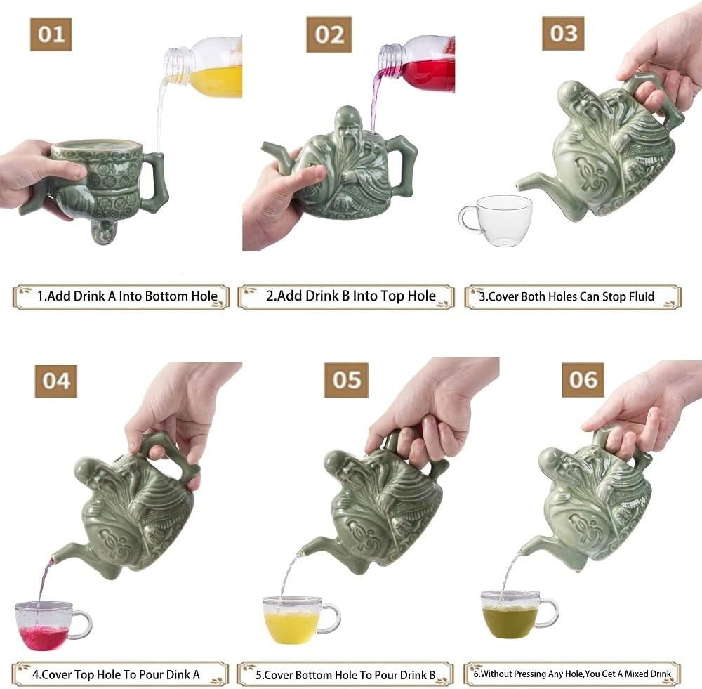 Magic Ceramic Teapot Secret Compartment Tea Kettle 16oz Dual Pour Pot