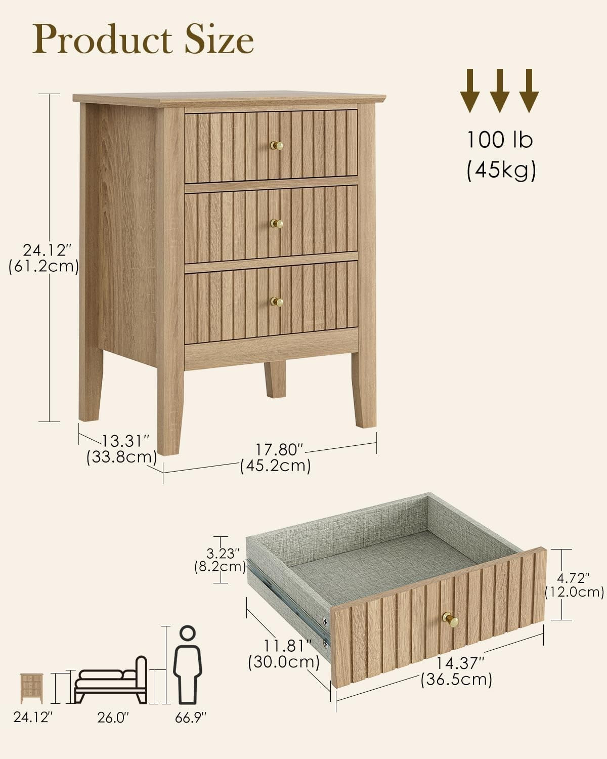 Modern Oak Bedside Table with 3 Drawers Wooden Nightstand Bedroom Storage